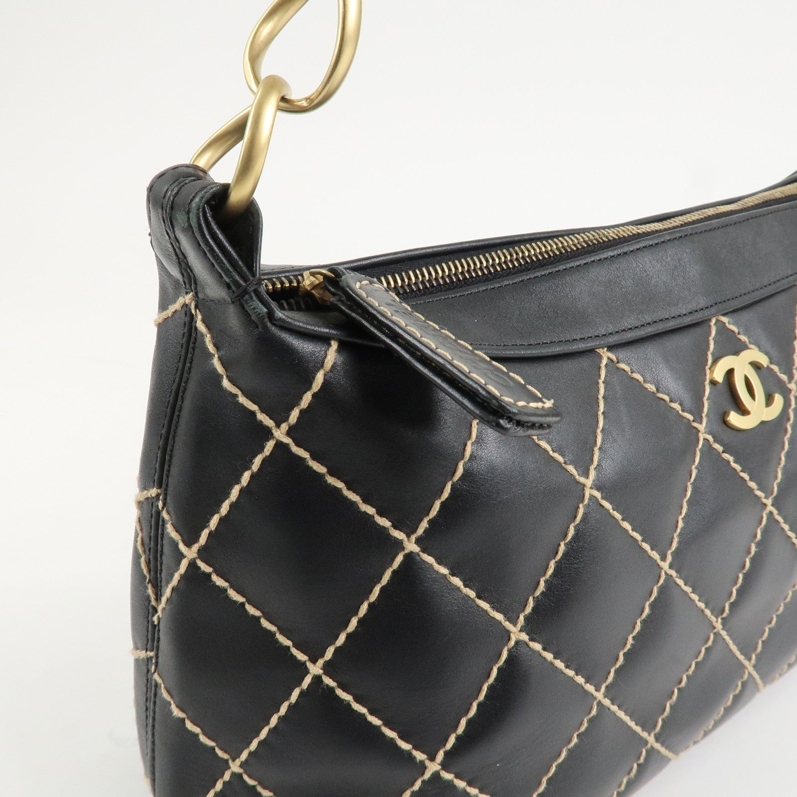 CHANEL Wild Stitch Lamb Skin Shoulder Bag Hand Bag Black A20663 Used