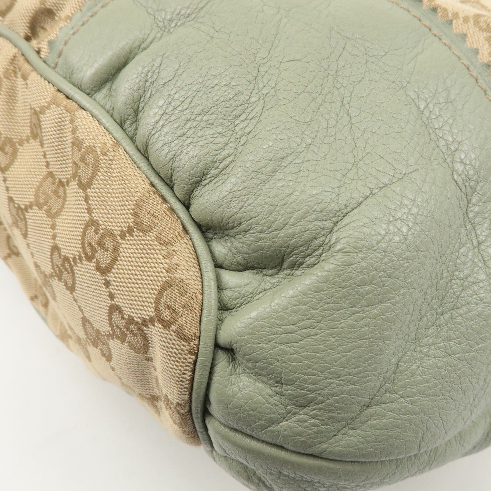 GUCCI GG Canvas Leather Tote Bag Beige Light Green 211954