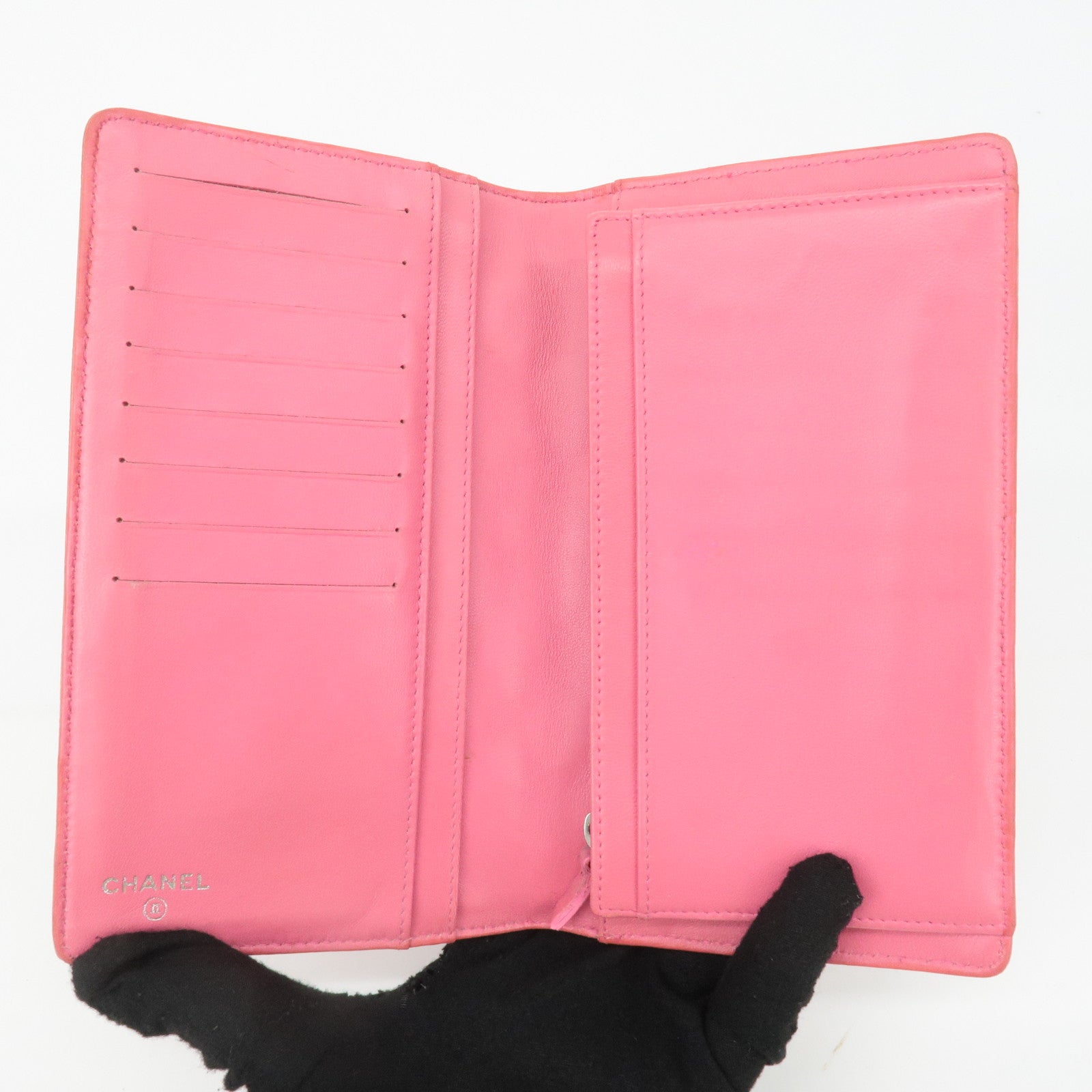 CHANEL Icon Line Patent Leather Bi-fold Wallet Pink