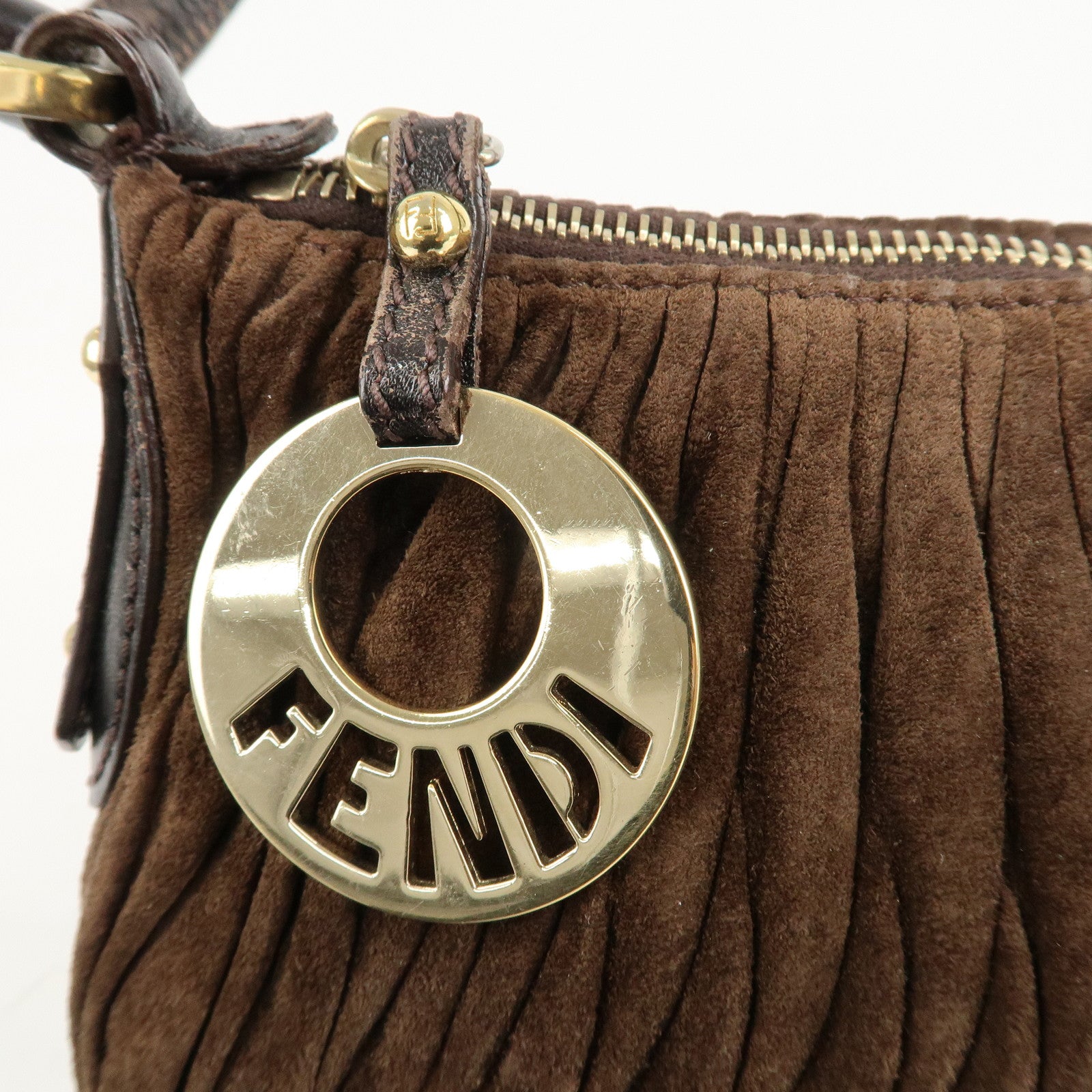 FENDI Suede Leather Gathered Shoulder Bag Dark Brown 8BR454 Used