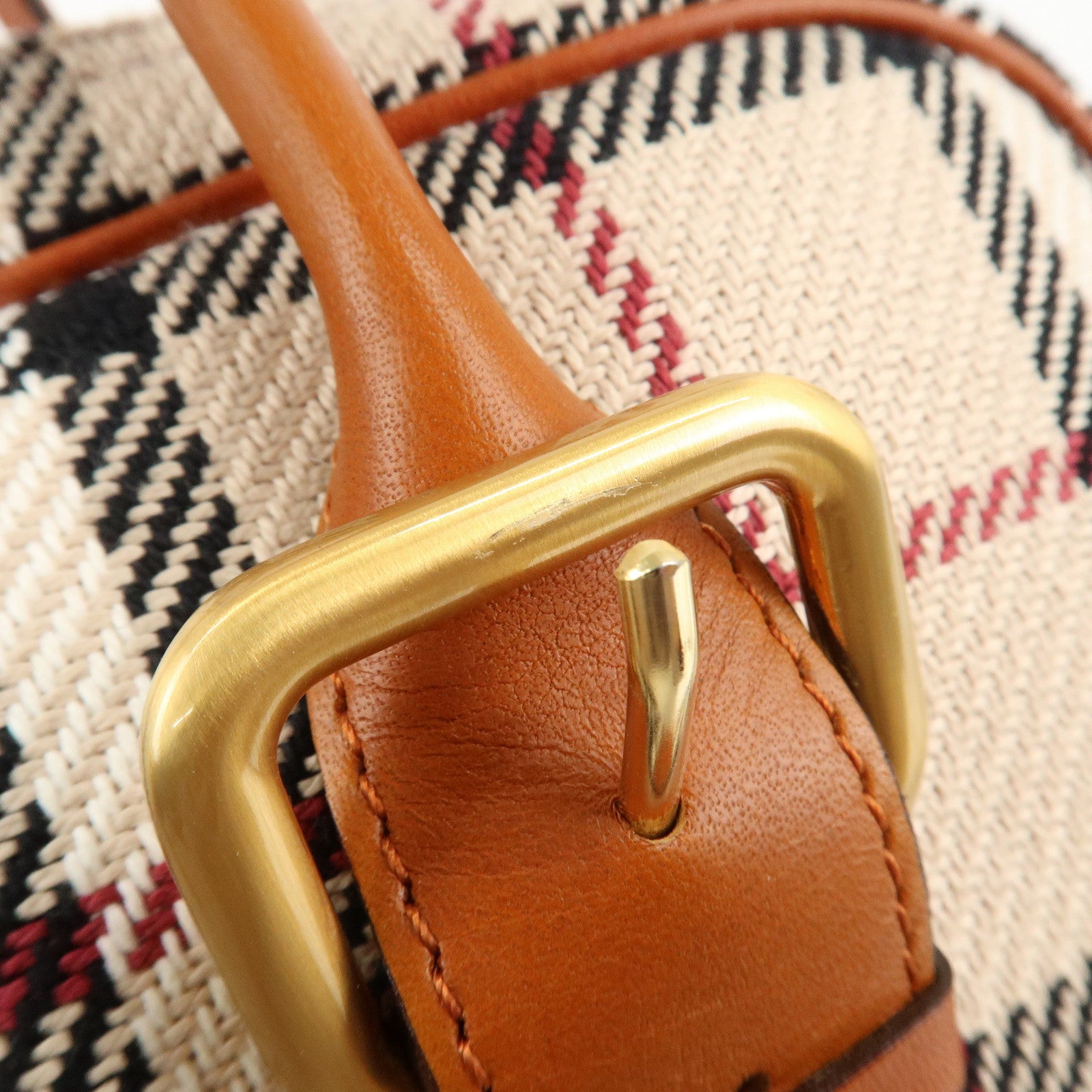 BURBERRY Leather Hand Bag Boston Bag Nova Plaid Brown Used