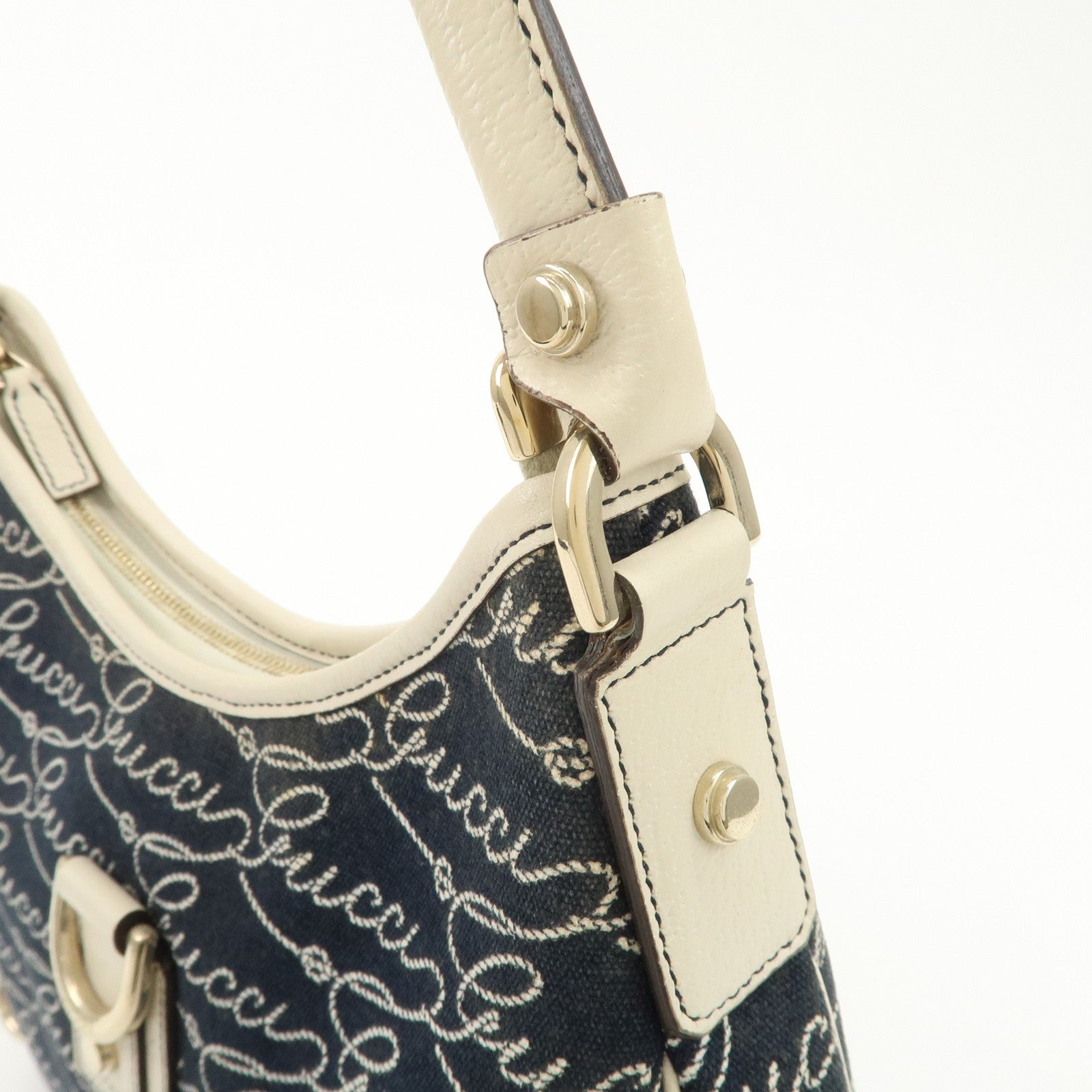 GUCCI Abbey GG Canvas Leather Shoulder Bag Ivory Navy 130738 Used