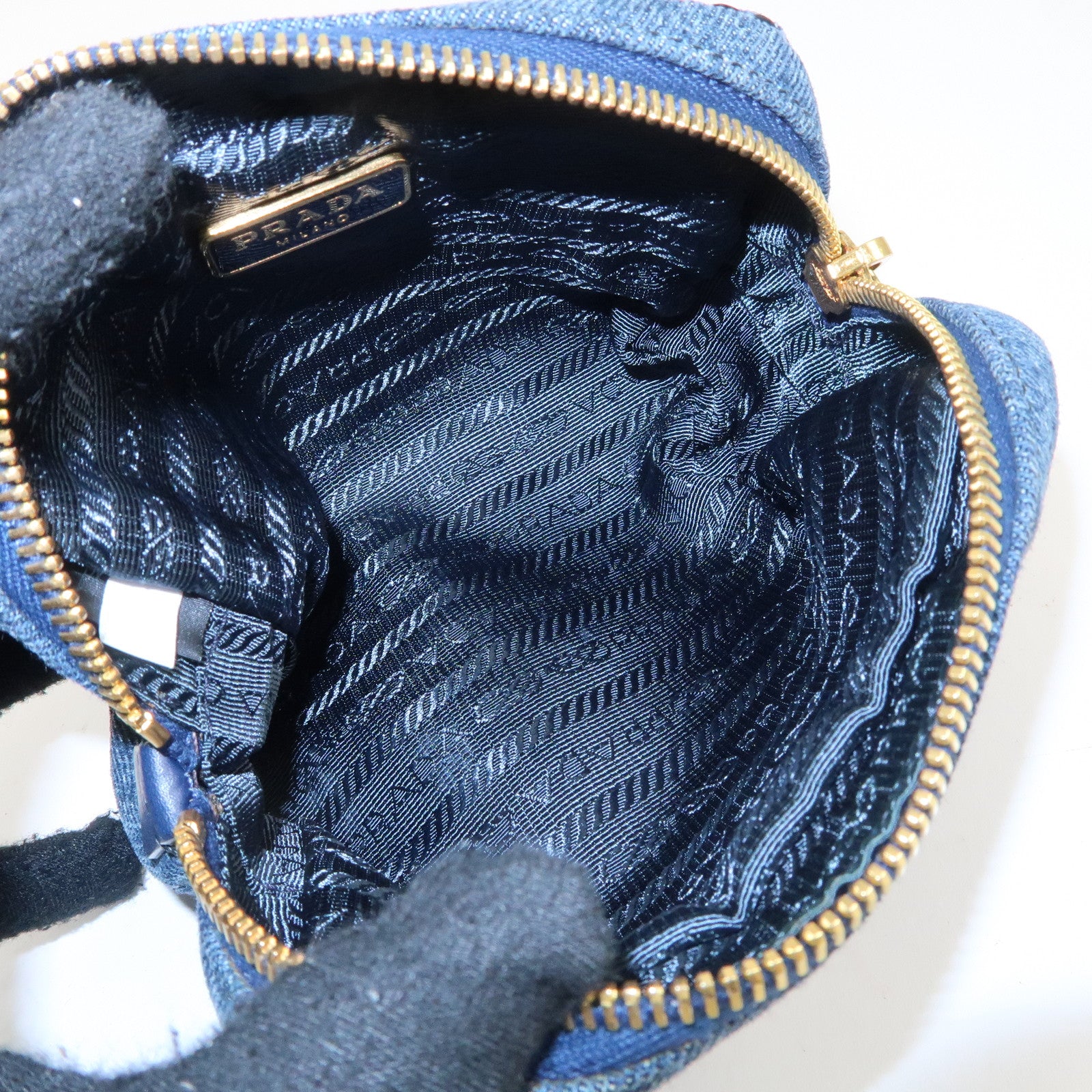 PRADA Triangle Logo Denim Pouch Cosmetic Pouch Blue