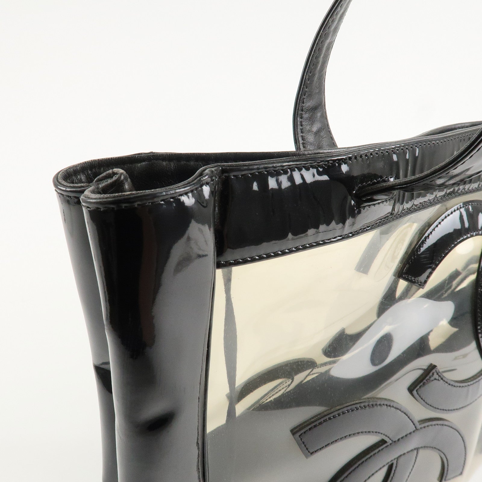 CHANEL PVC Patent Leather Vinyl Triple COCO Mark Tote Bag Black Used