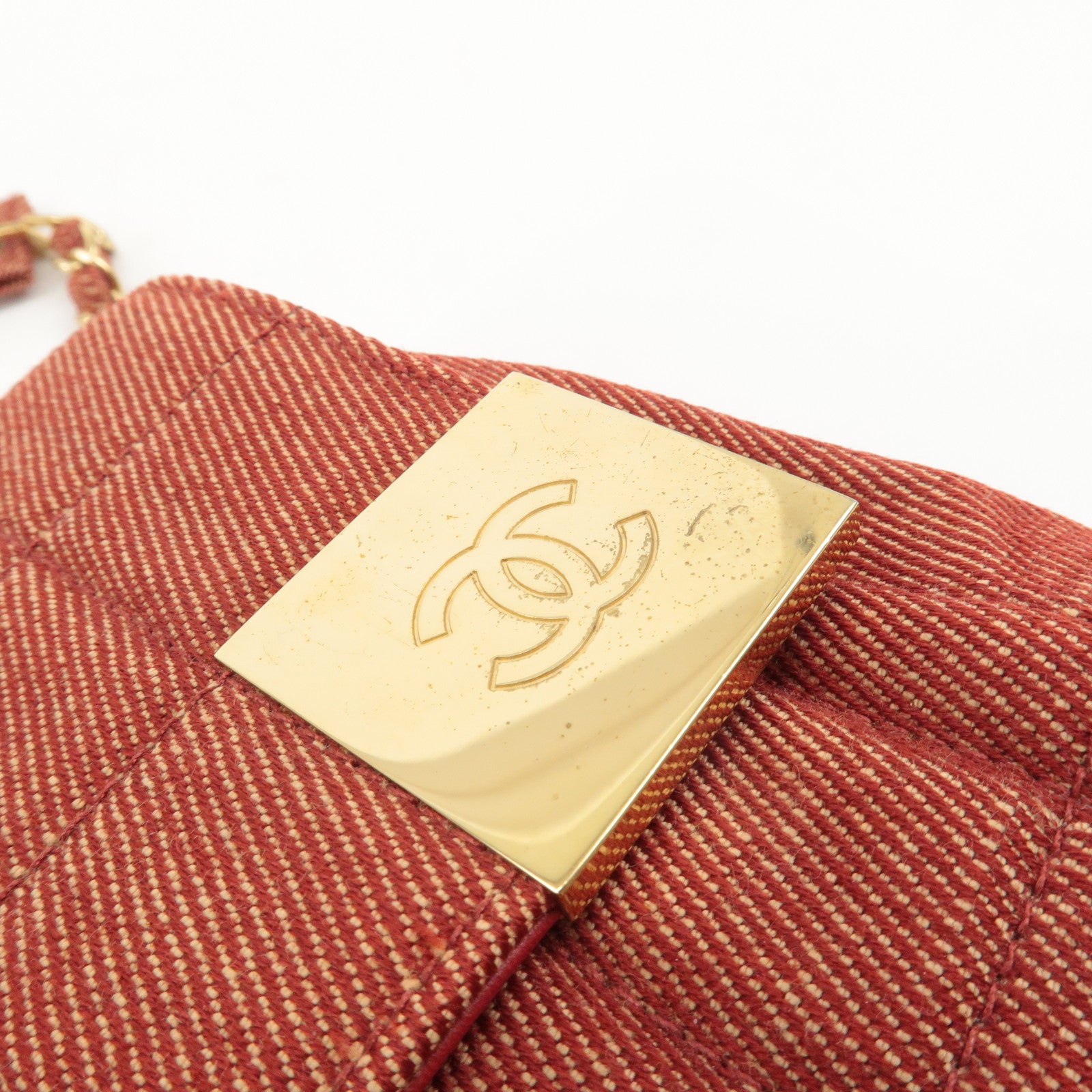 CHANEL Chocolate Bar Canvas Chain Shoulder Bag Red Gold