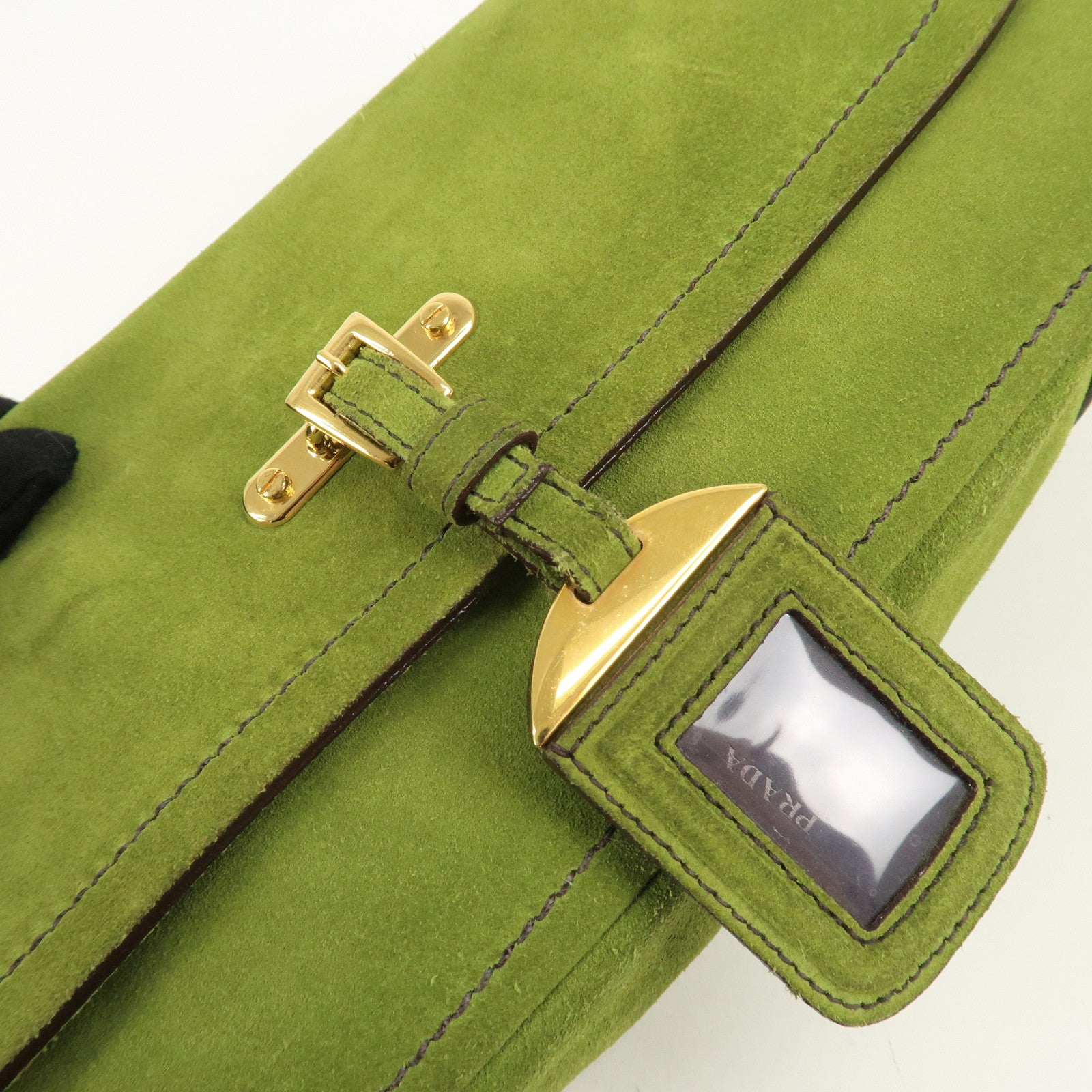 PRADA Suede One Shoulder Bag Green Gold Hardware