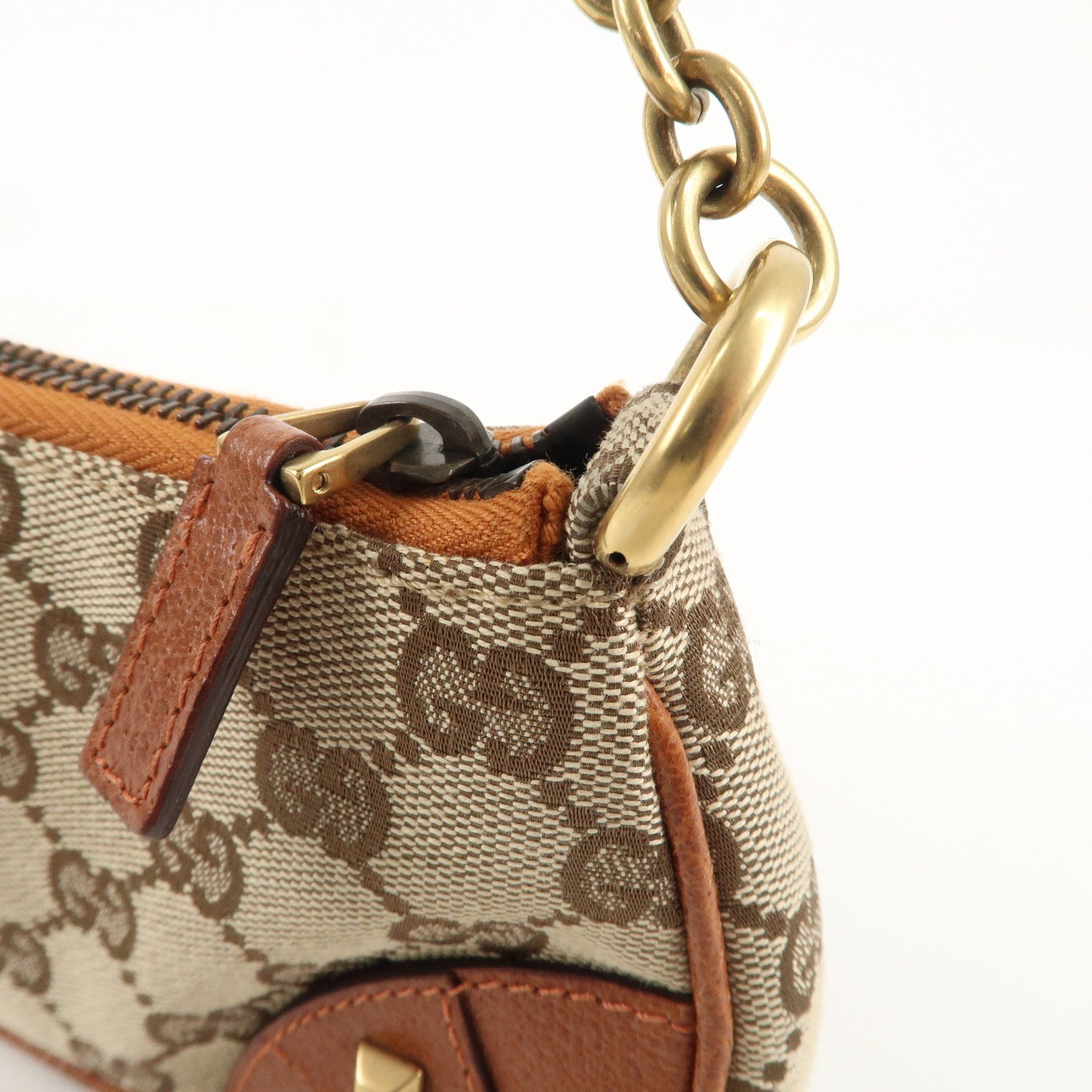 GUCCI GG Canvas Leather Chain Hand Bag Pouch Beige Brown 120940