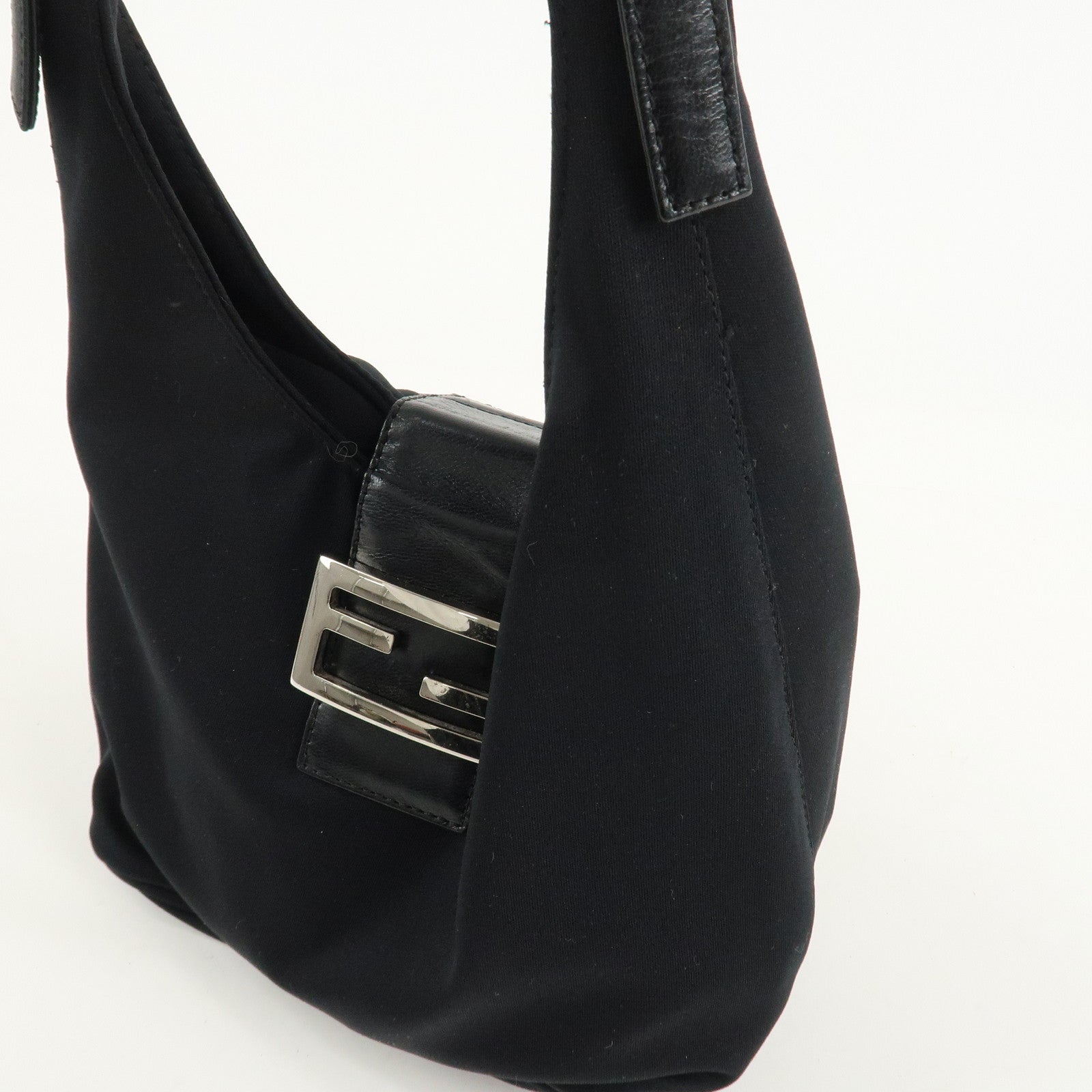 FENDI Cotton Leather Shoulder Bag Black 26686 Used