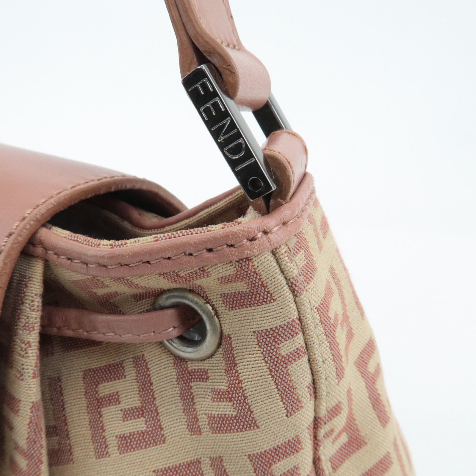 FENDI Zucchino Canvas Leather Shoulder Bag Beige Pink 8BR282