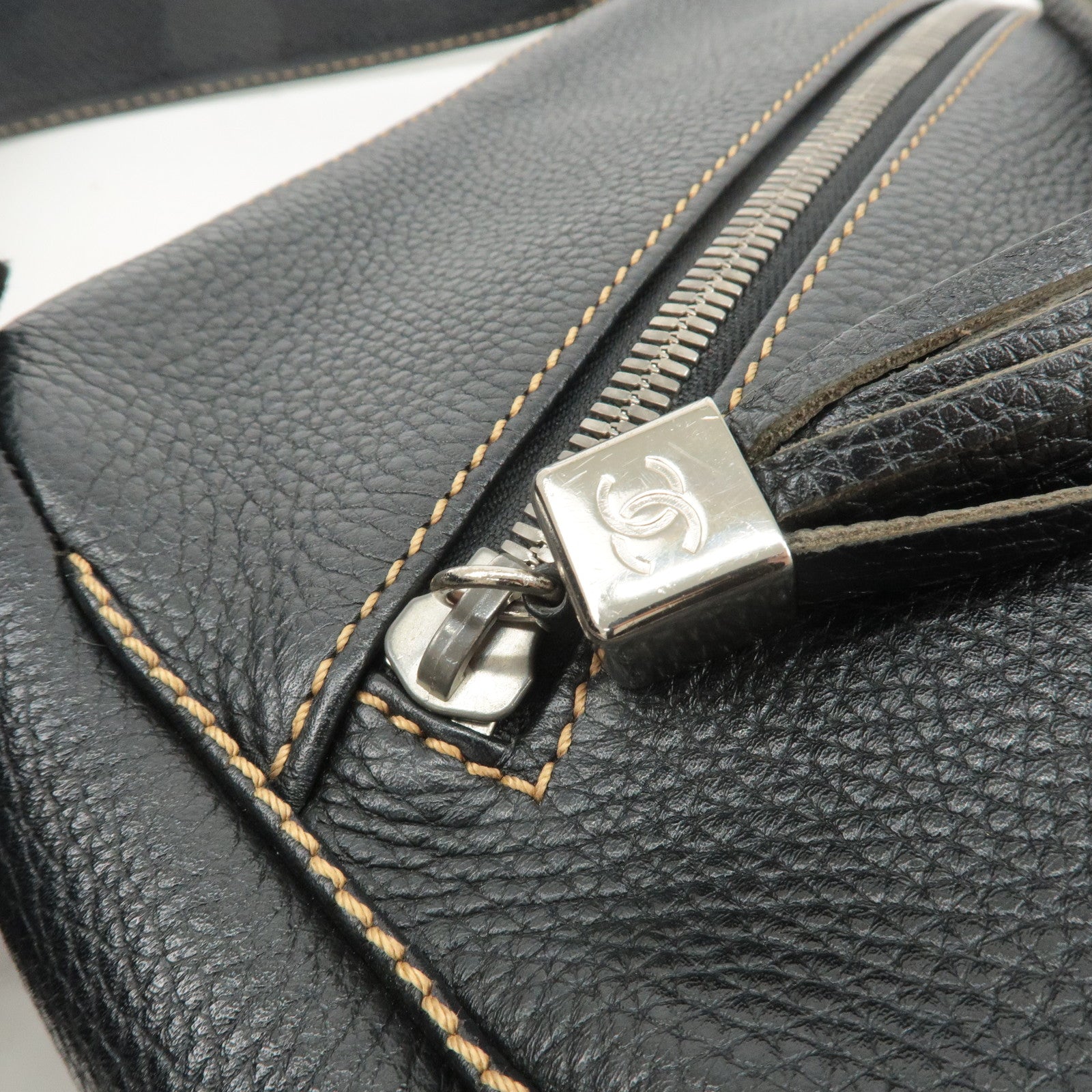 CHANEL Leather Shoulder Bag Black Silver