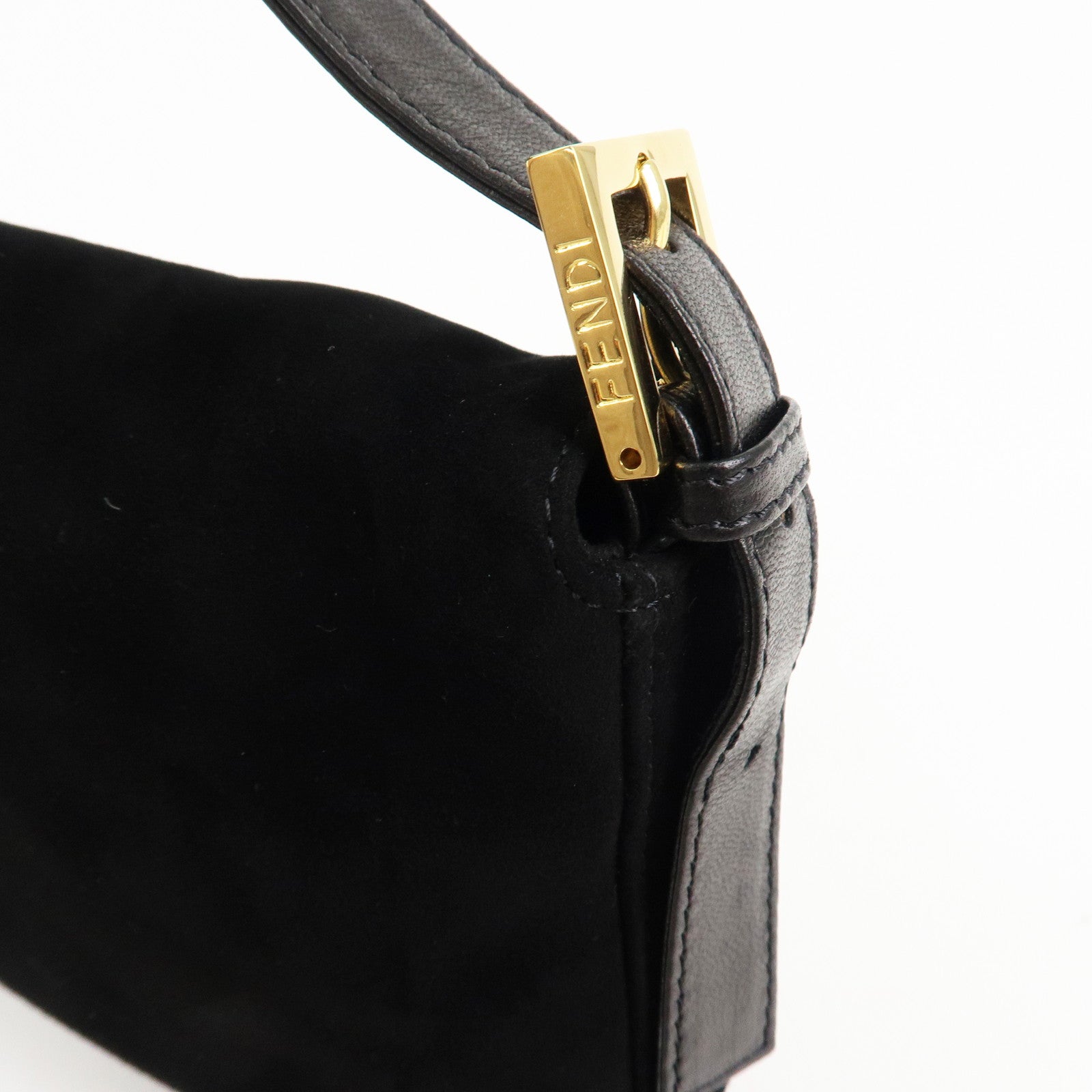 FENDI Mamma Baguette Suede Leather Shoulder Bag Black 26424