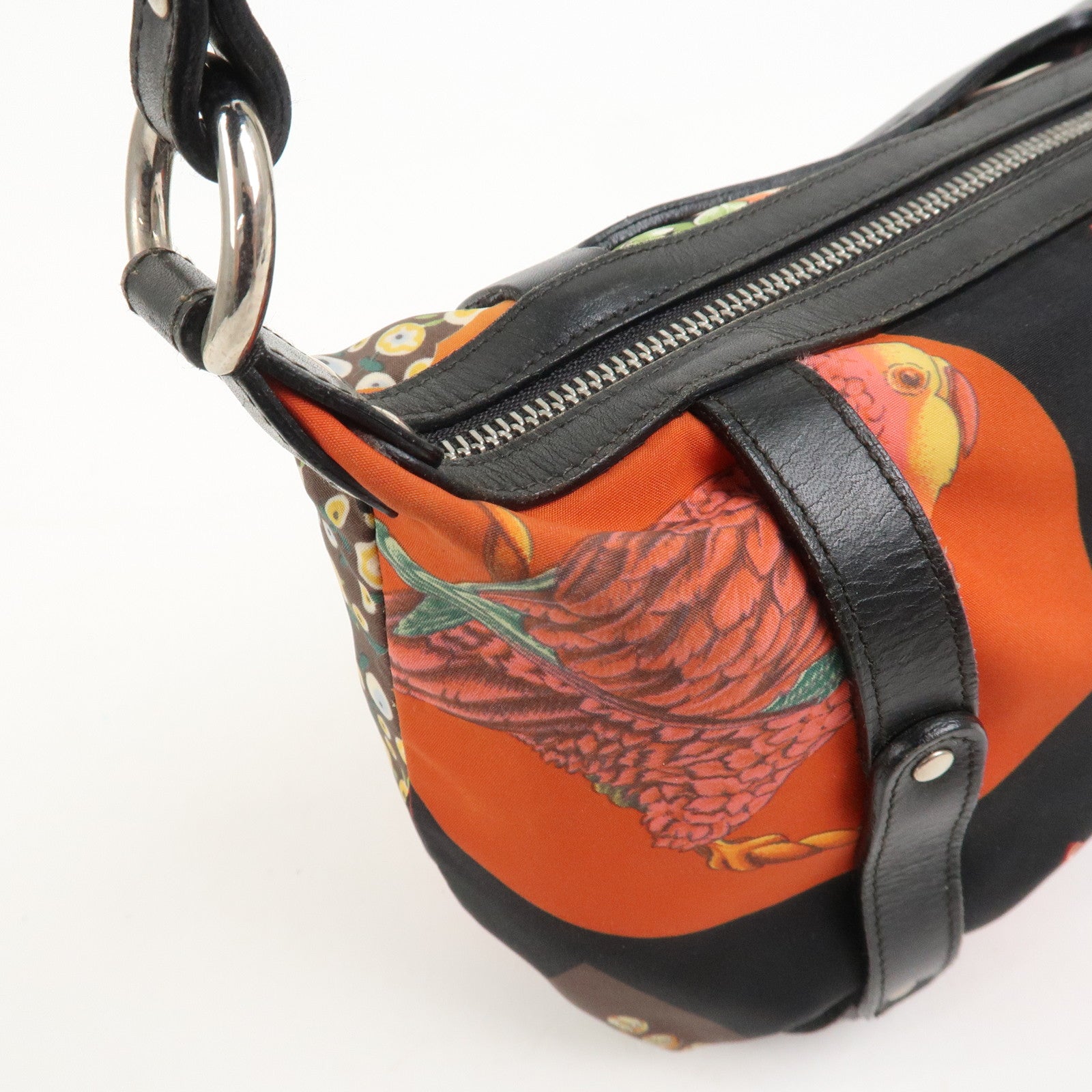 Ferragamo Nylon Leather Mini Hand Bag Shoulder Bag Animal Black