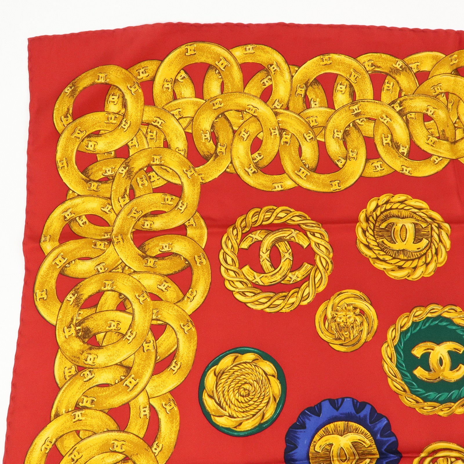 CHANEL COCO Mark Silk 100% Scarf Red Gold Multicolor