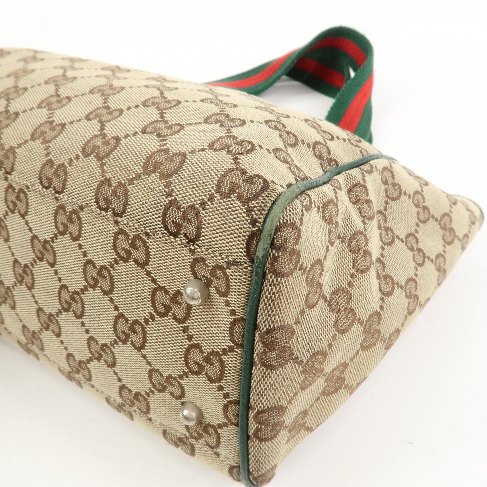 GUCCI Sherry GG Canvas Leather Hand Bag Brown Green 145810