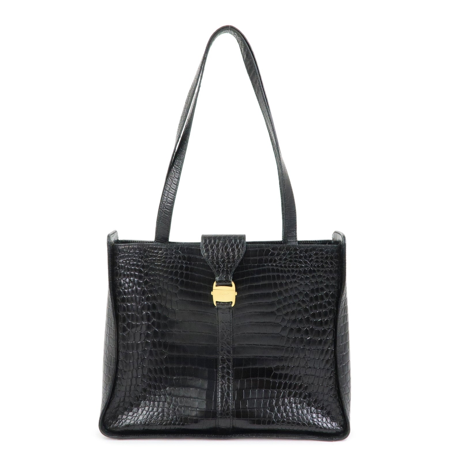 Ferragamo Vara Embossed Leather Tote Bag Shoulder Bag Black
