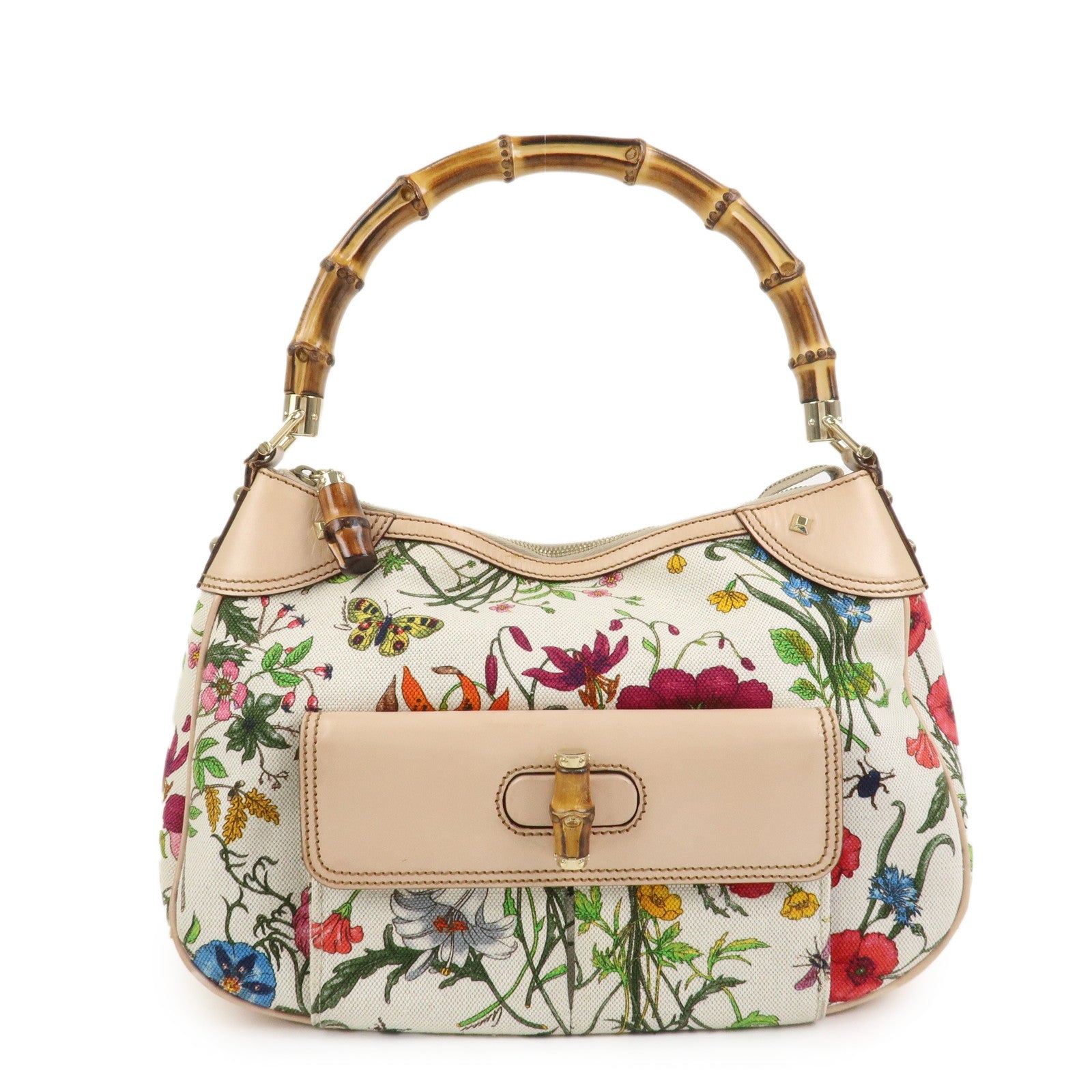 GUCCI Bamboo Canvas Leather Shoulder Bag Flora Ivory Pink 137383