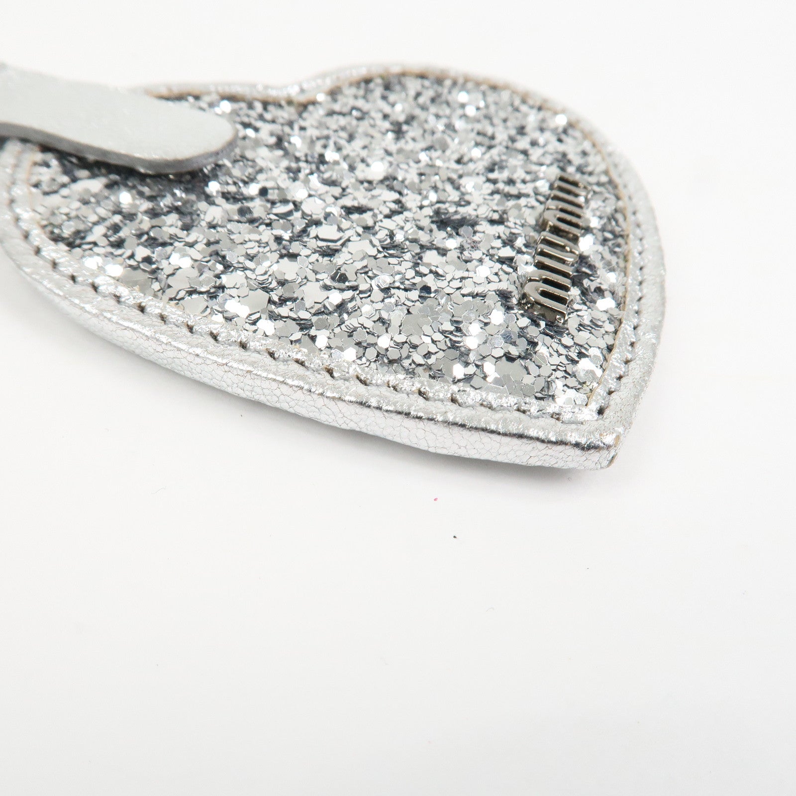 MIU MIU Heart Motif Glitter Leather Key Chain Bag Charm Silver