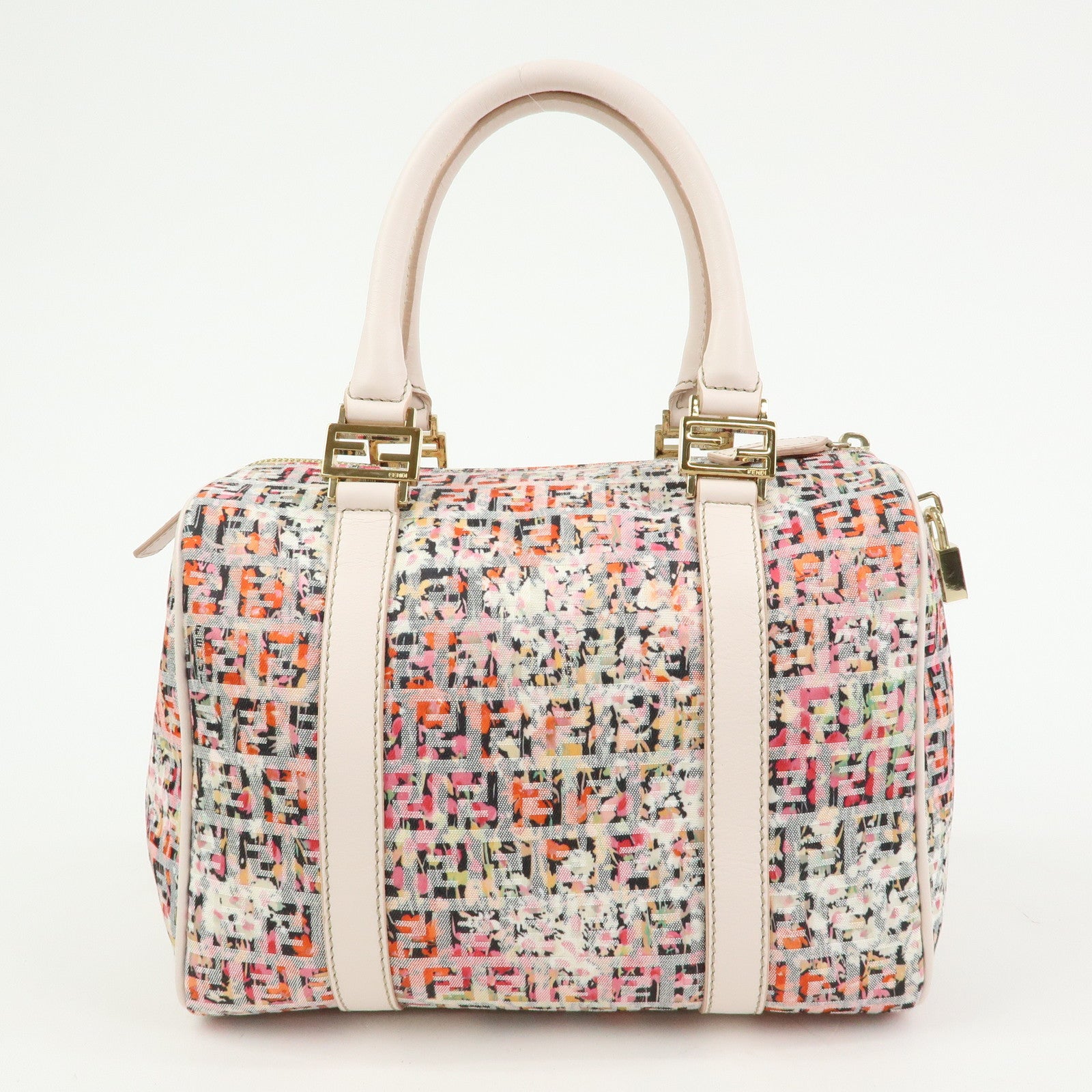 FENDI Zucchino Flower Print Canvas Leather Boston Bag Pink 8BL068