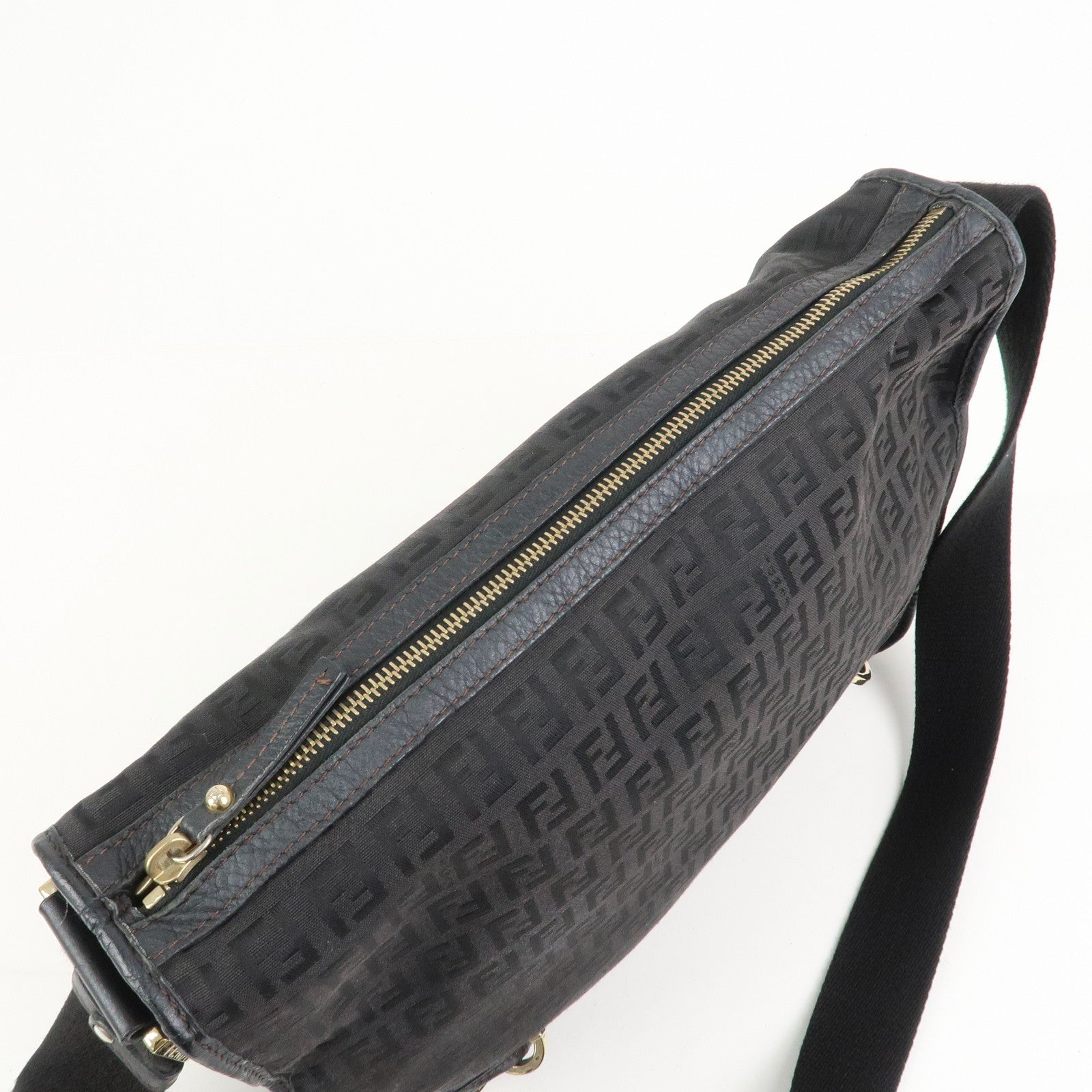 FENDI Zucchino Canvas Leather Shoulder Crossbody Bag Black 8BT090