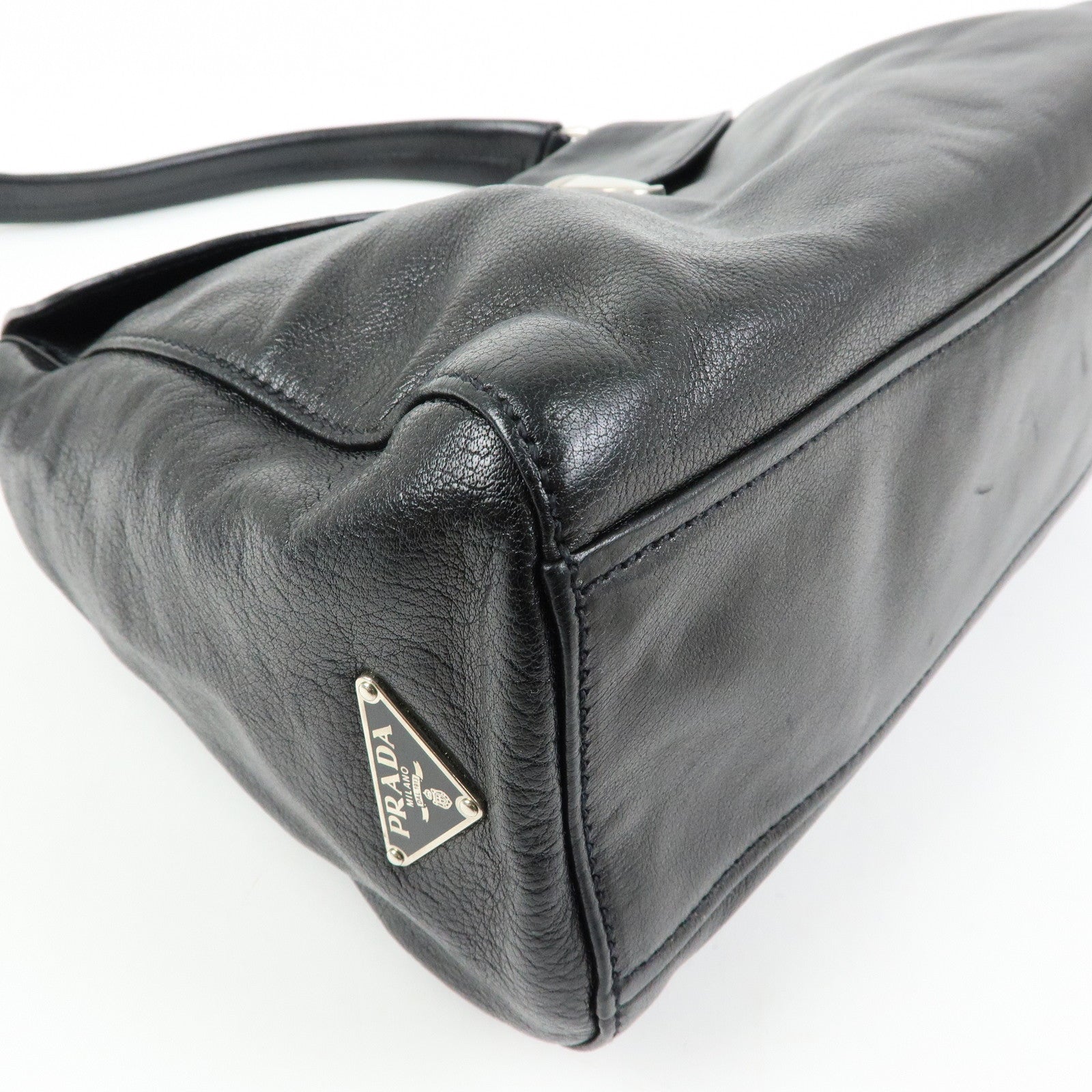 PRADA Triangle Logo Leather Hand Bag Shoulder Bag Black