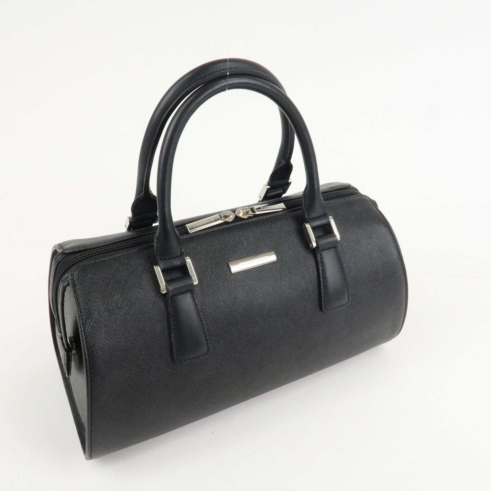 BURBERRY Leather Boston Bag Hand Bag Black Silver HDW Used