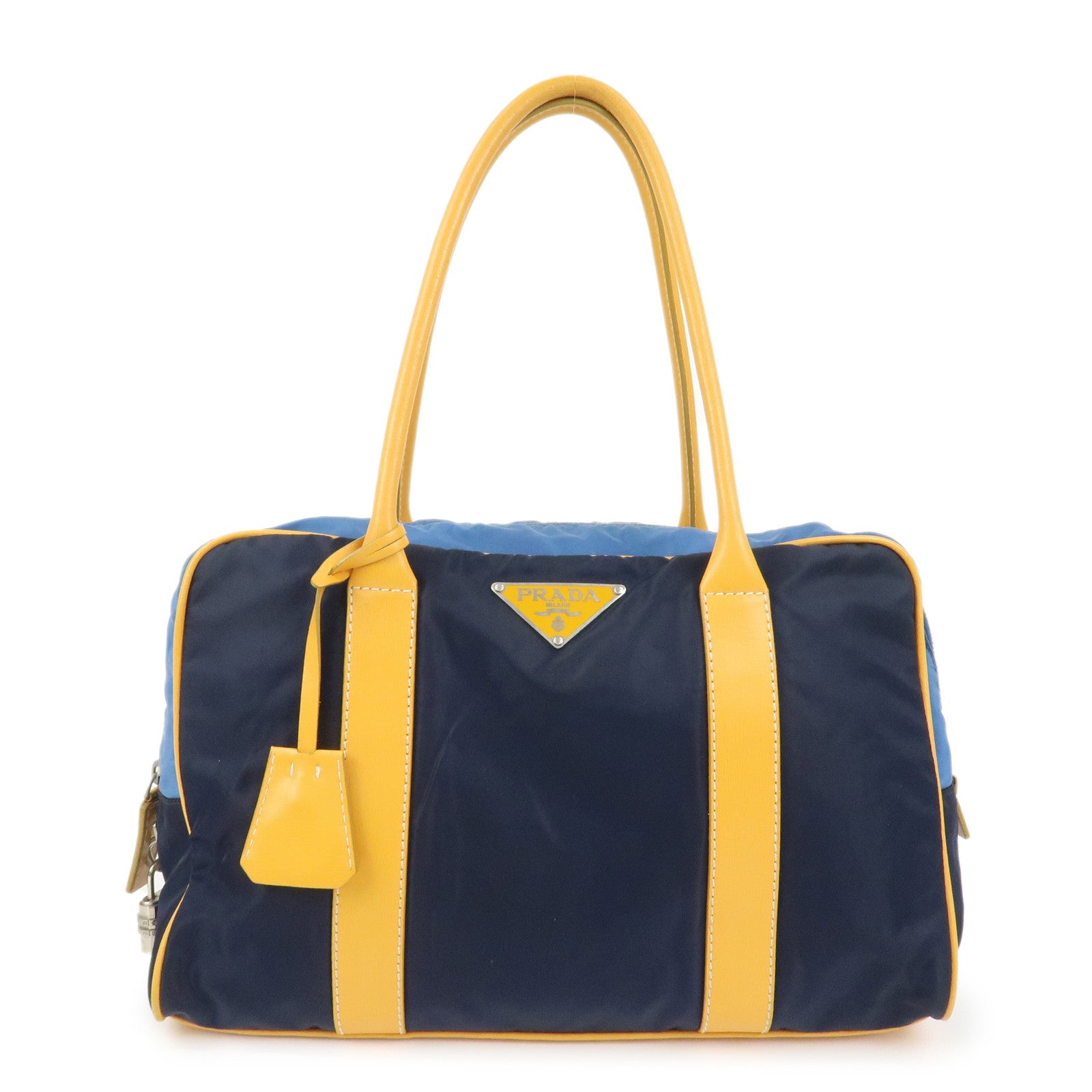 PRADA Triangle Logo Nylon Leather Shoulder Bag Hand Bag Navy Yellow