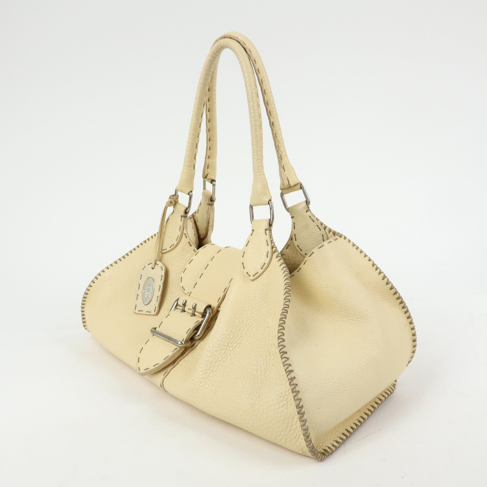 FENDI Selleria Leather Hand Bag Shoulder Bag Cream 8BR457
