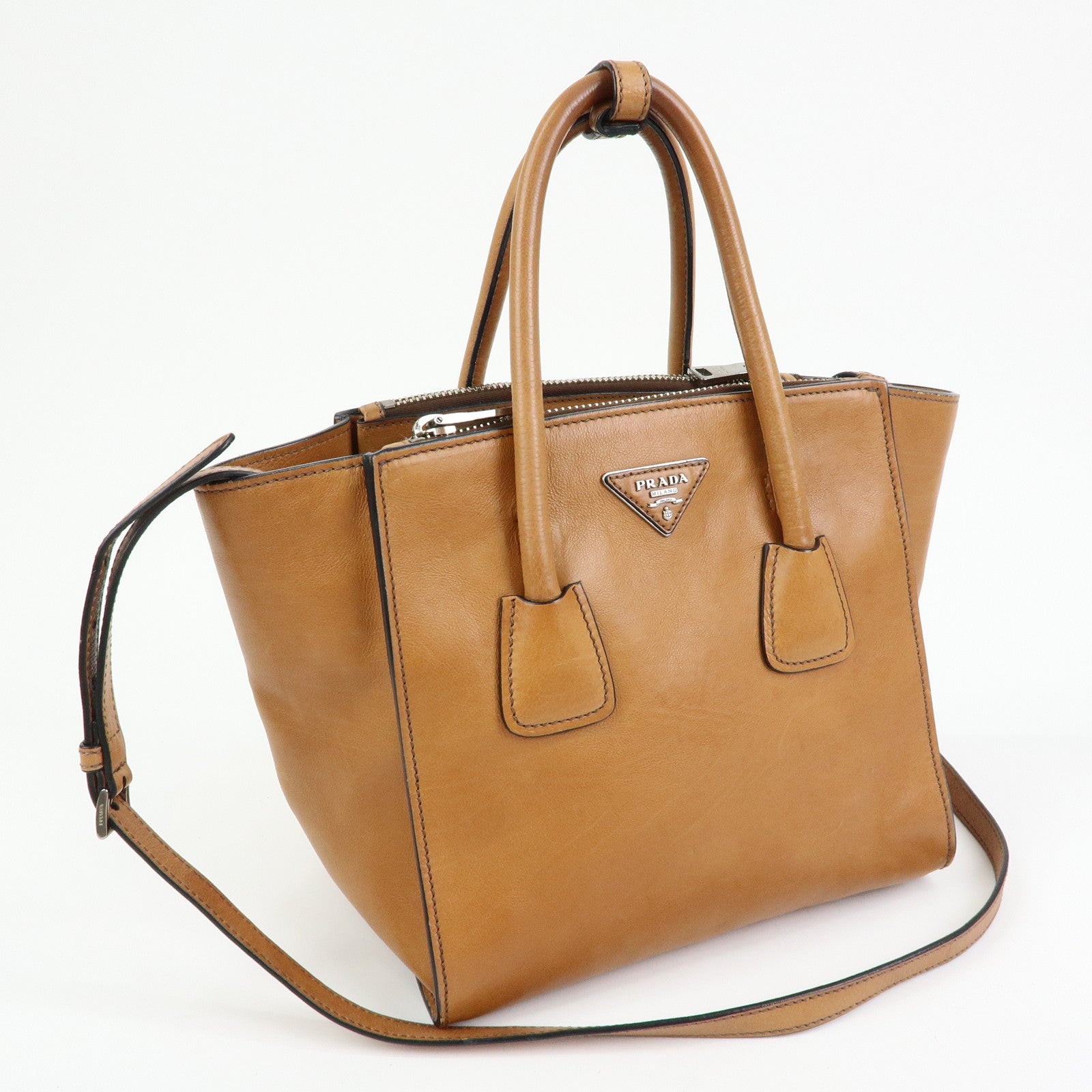 PRADA Triangle Logo Calf Leather 2Way Bag Hand Bag Brown BN2625
