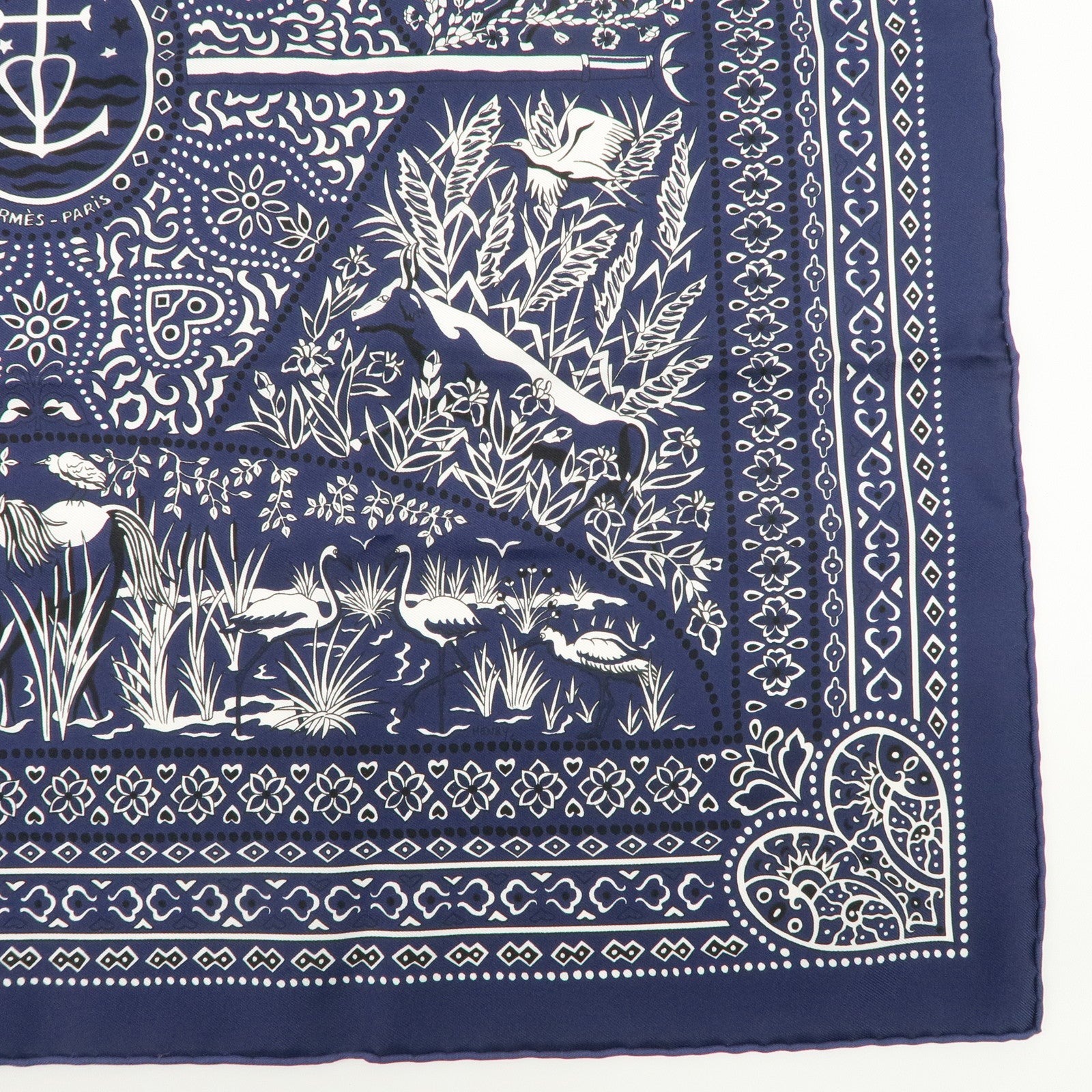 HERMES Carre 55 Silk 100% Scarf Entre Ciel et mer Navy Used