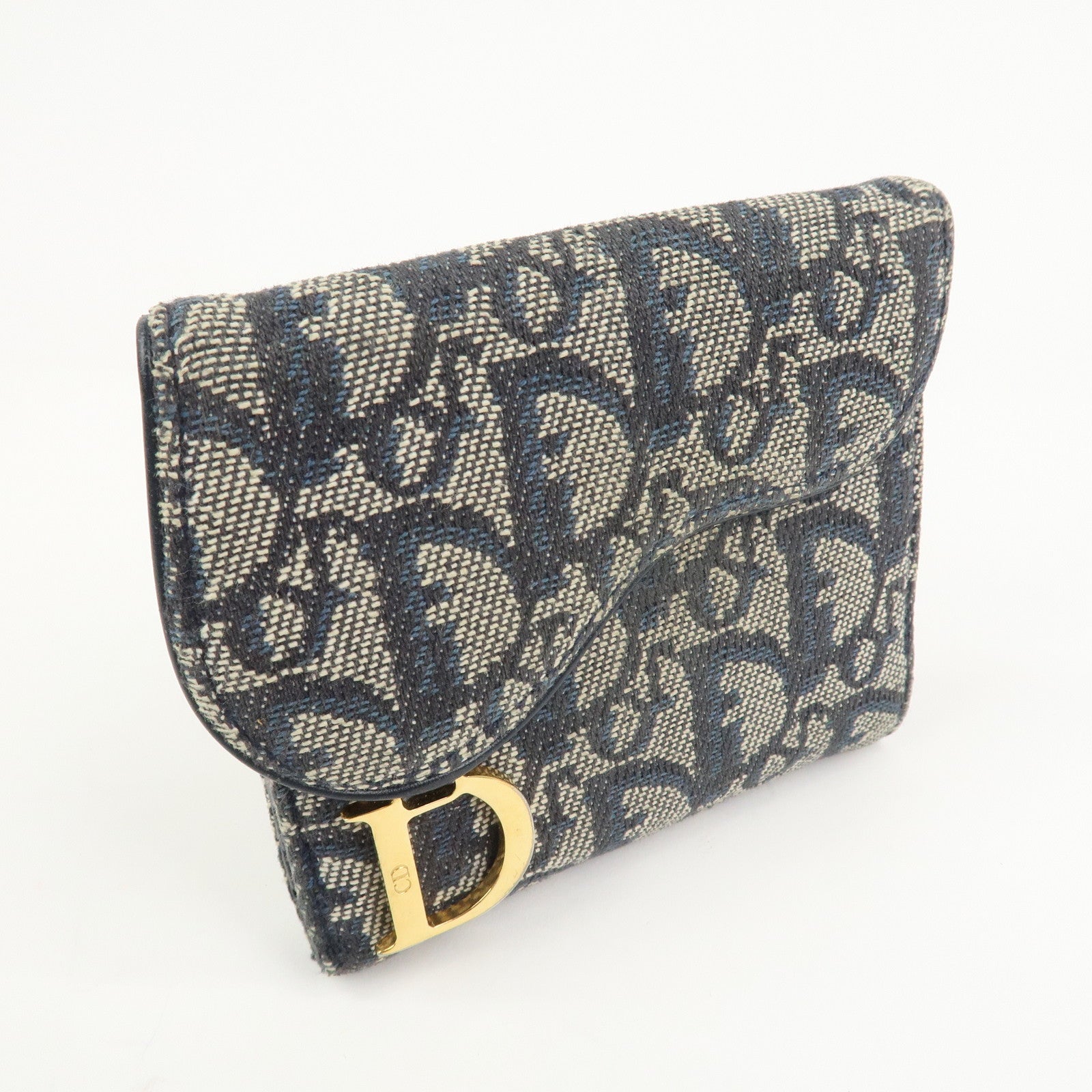 Christian Dior Trotter Saddle Canvas Leather Compact Wallet Navy