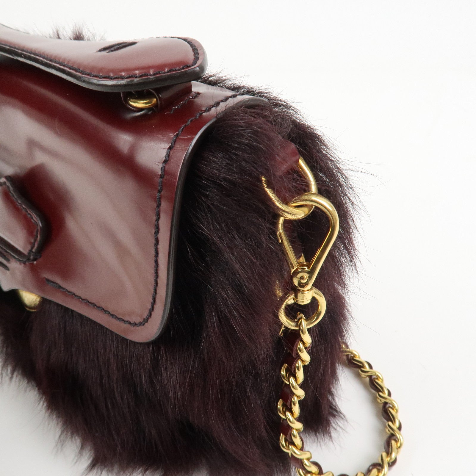 PRADA Leather Fur Chain Shoulder Bag Crossbody Bag Brown BP0368