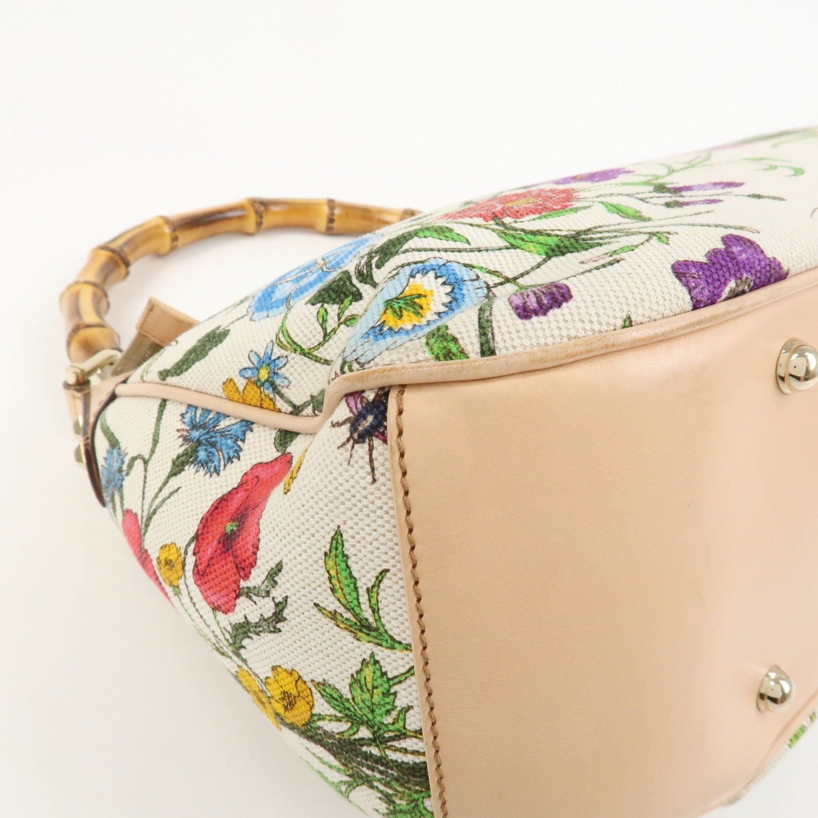 GUCCI Bamboo Canvas Leather Shoulder Bag Flora Ivory Pink 137383