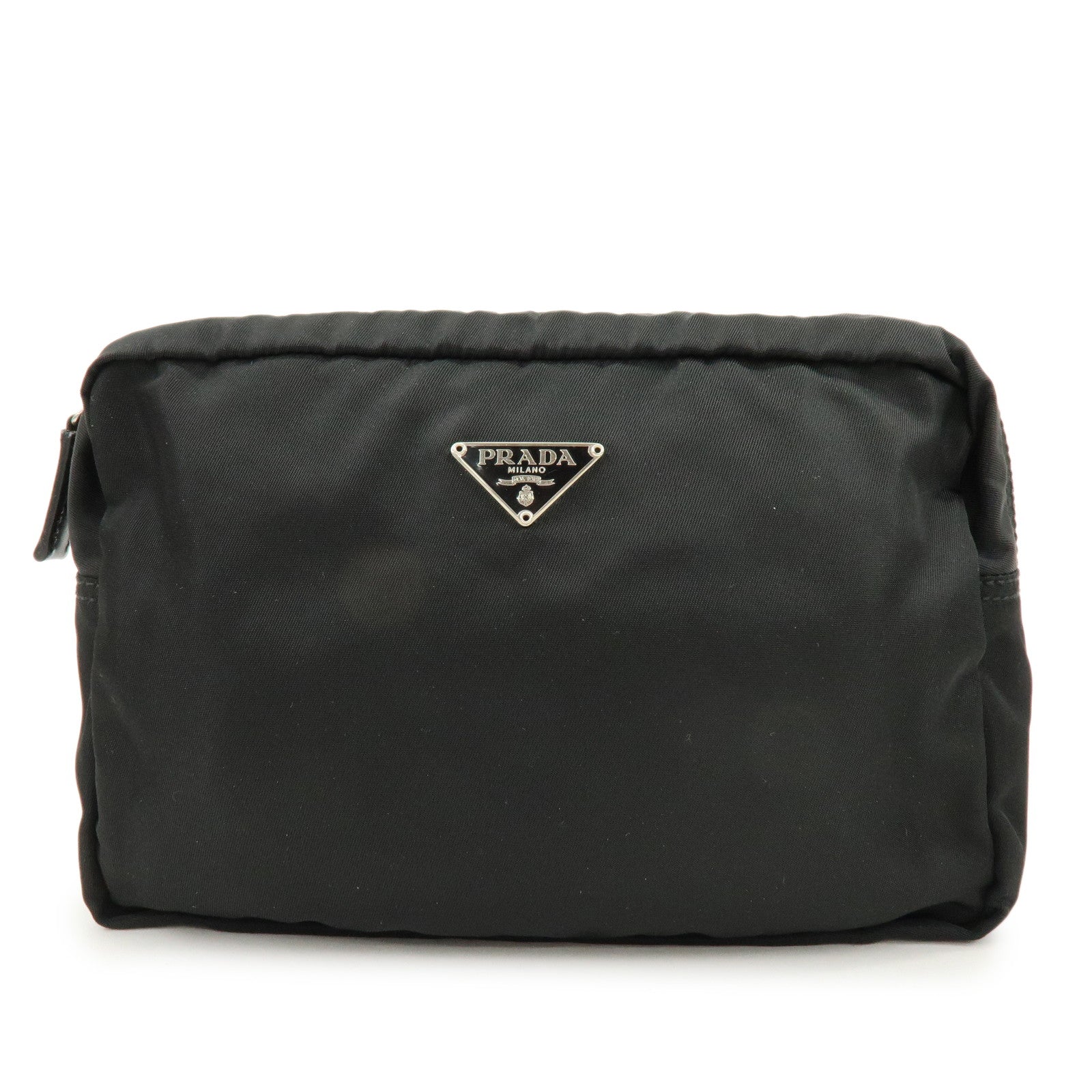 PRADA Triangle Logo Nylon Pouch Cosmetic Case Black