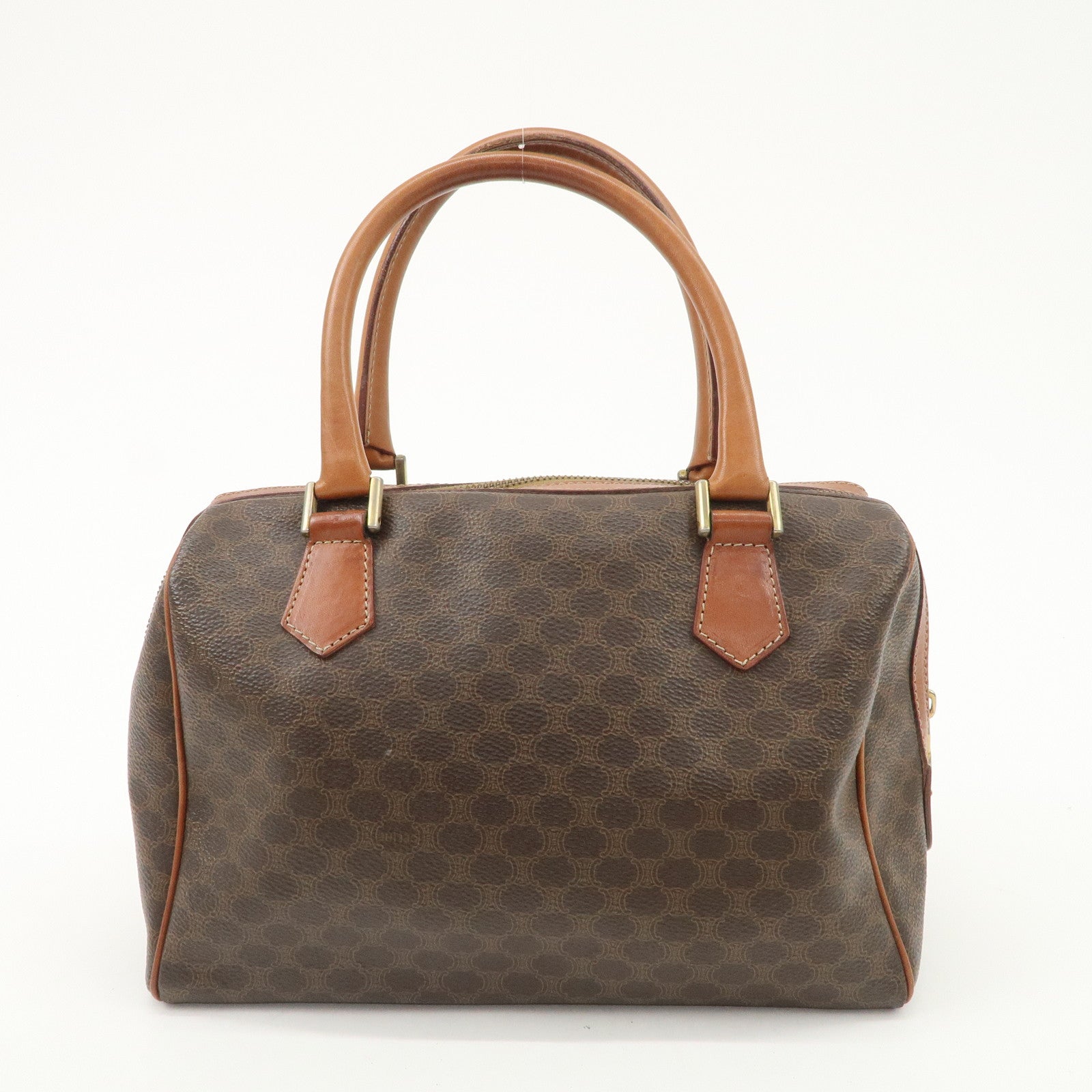 CELINE Macadam Leather PVC Boston Bag Hand Bag Brown Used