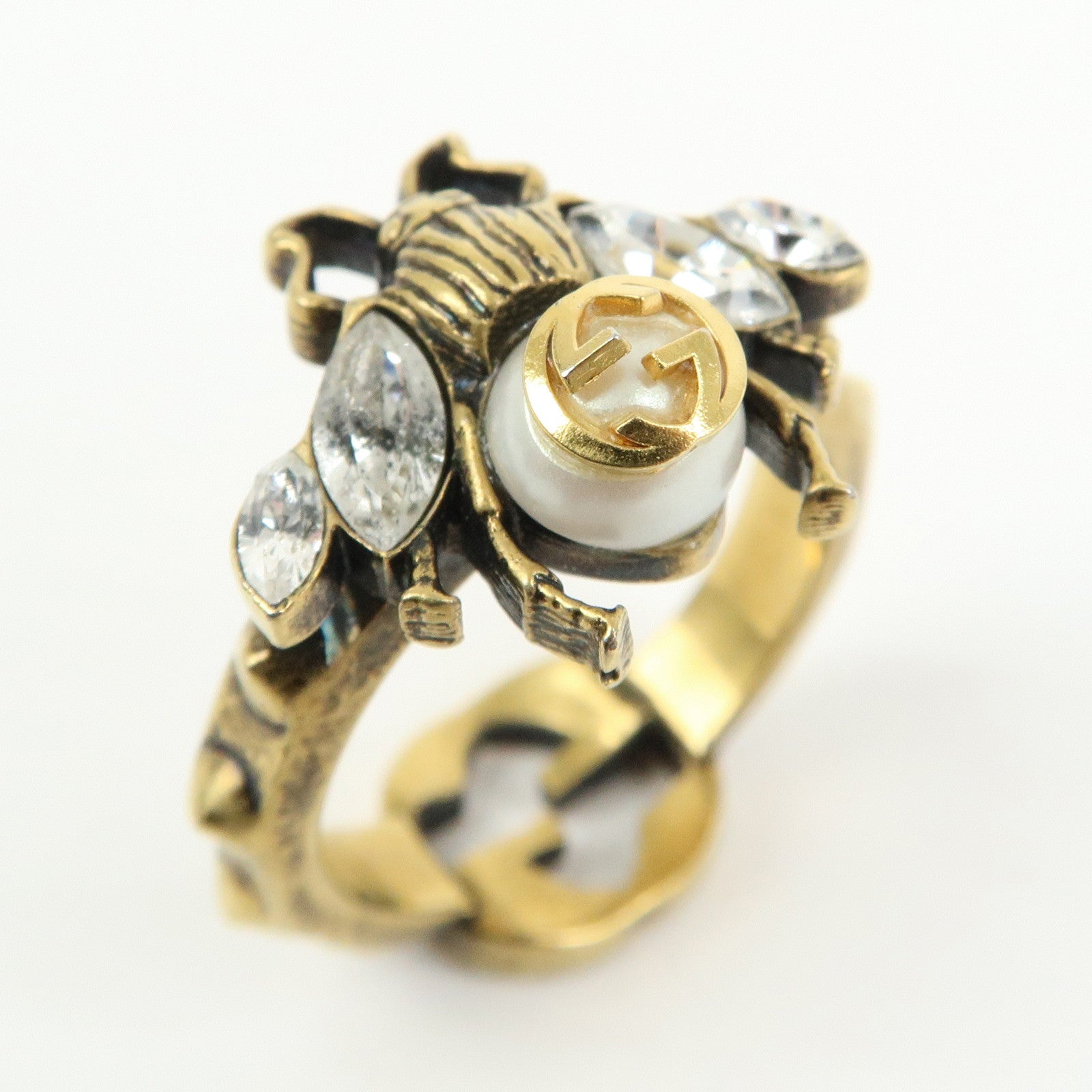GUCCI Metal Strass Pearl Ring Bee Motif Gold #53 US6.5