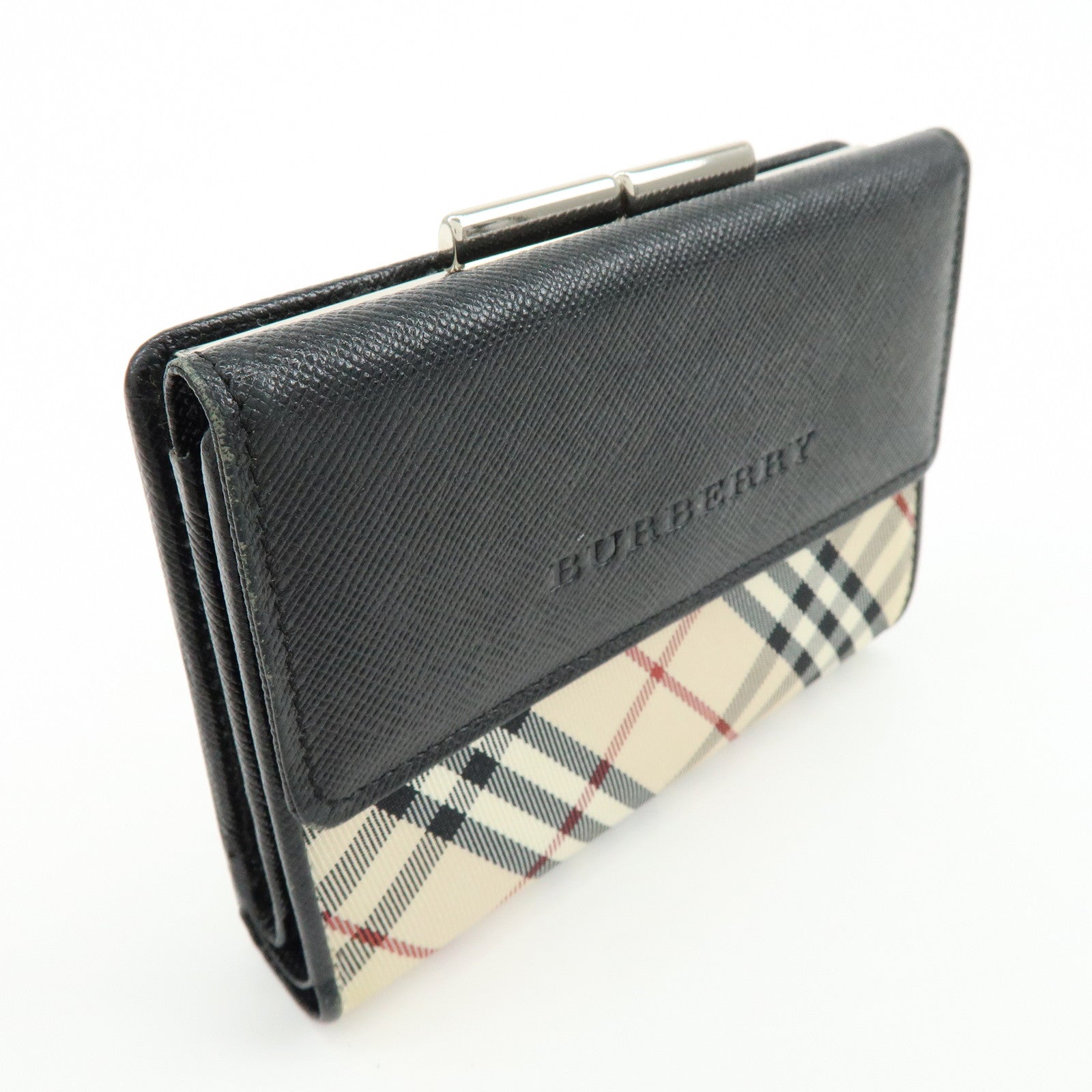 BURBERRY Nova Plaid Canvas Leather Compact Wallet Black Beige