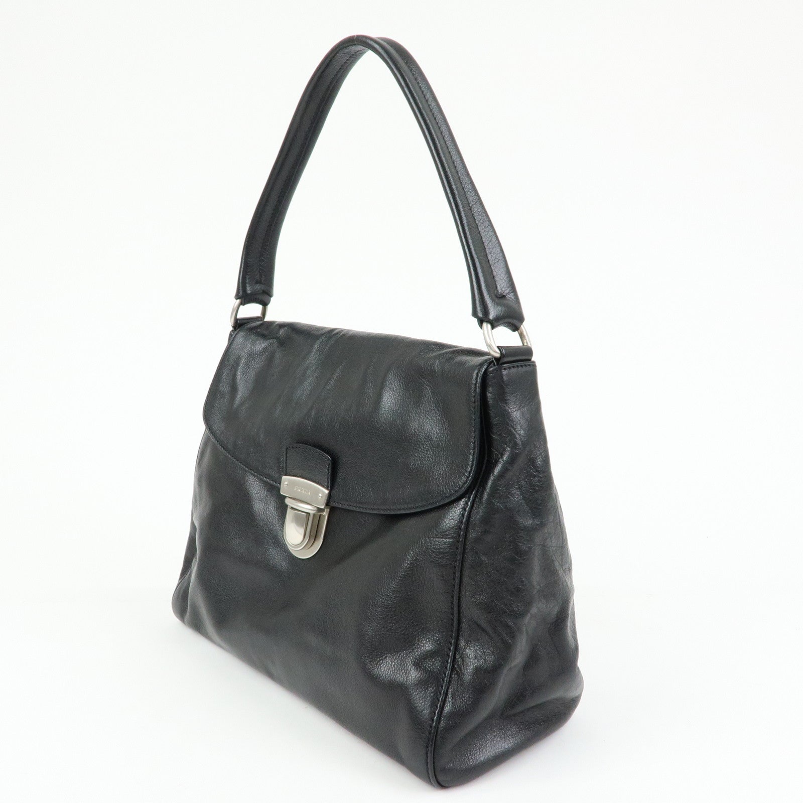 PRADA Triangle Logo Leather Hand Bag Shoulder Bag Black