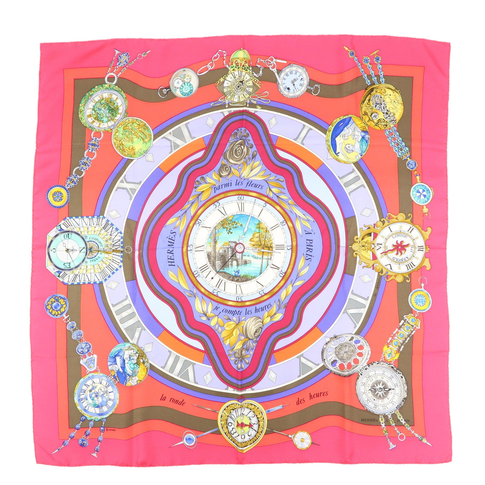 HERMES Carre90 Silk100% Scarf Parmi les fleurs je compte les heures