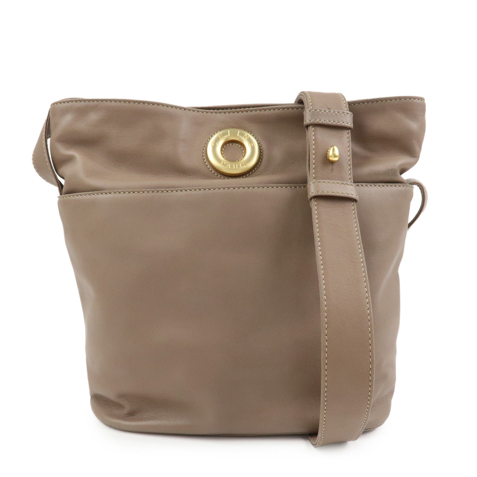 CELINE Logo Leather Shoulder Bag Crossbody Bag Greige