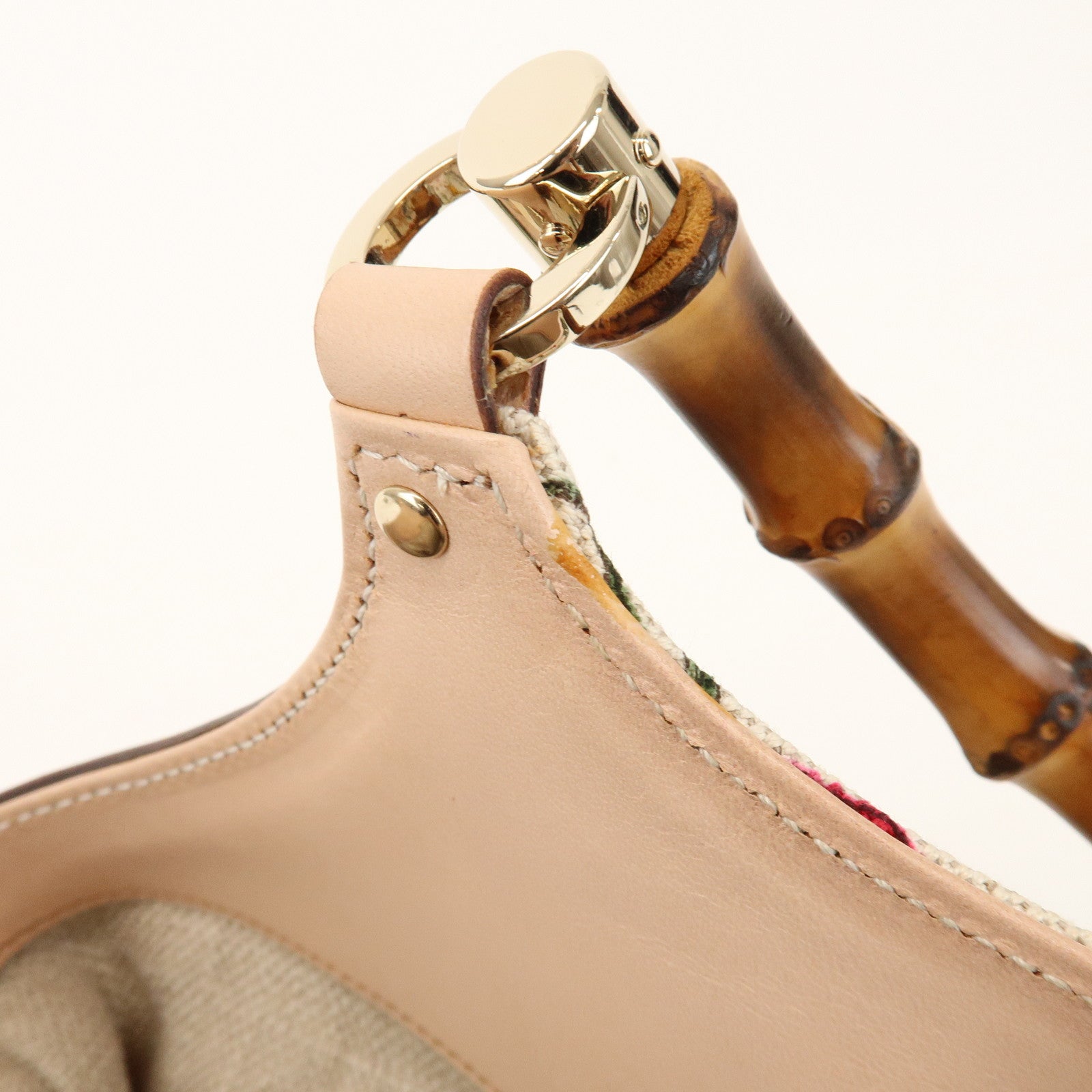 GUCCI Bamboo Flora Canvas Leather Hand Bag Multicolor Beige 137395
