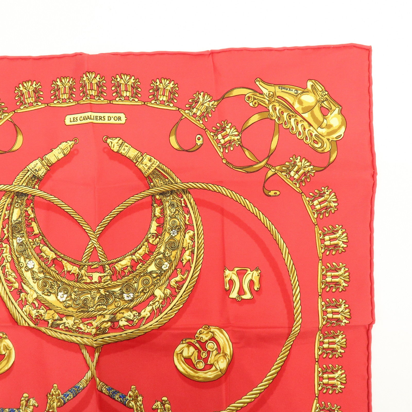 HERMES Carre 40 Silk Scarf LES CAVALIERS D'OR Knight Motif Red Gold