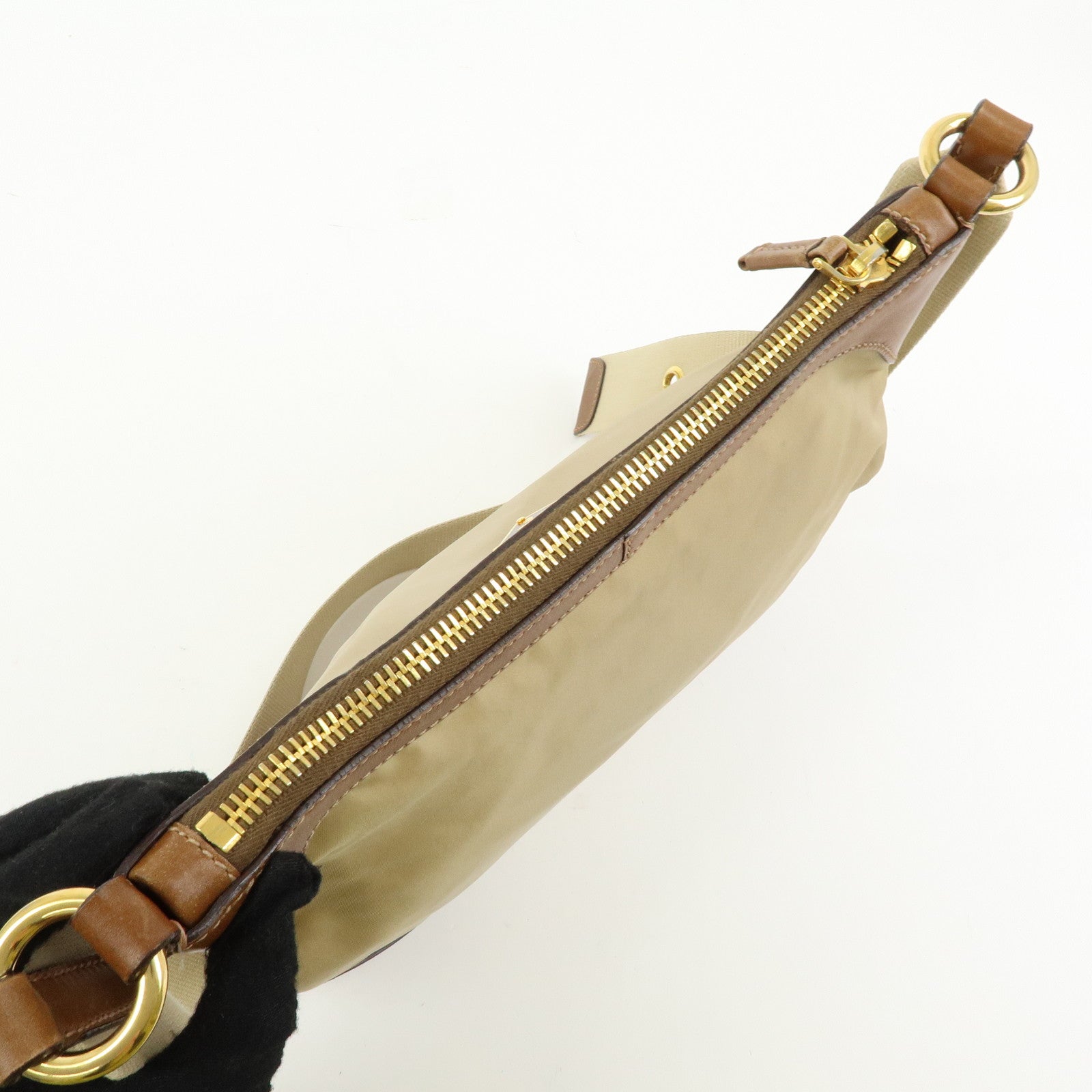 PRADA Triangle Logo Nylon Leather Shoulder Bag Crossbody Bag Beige