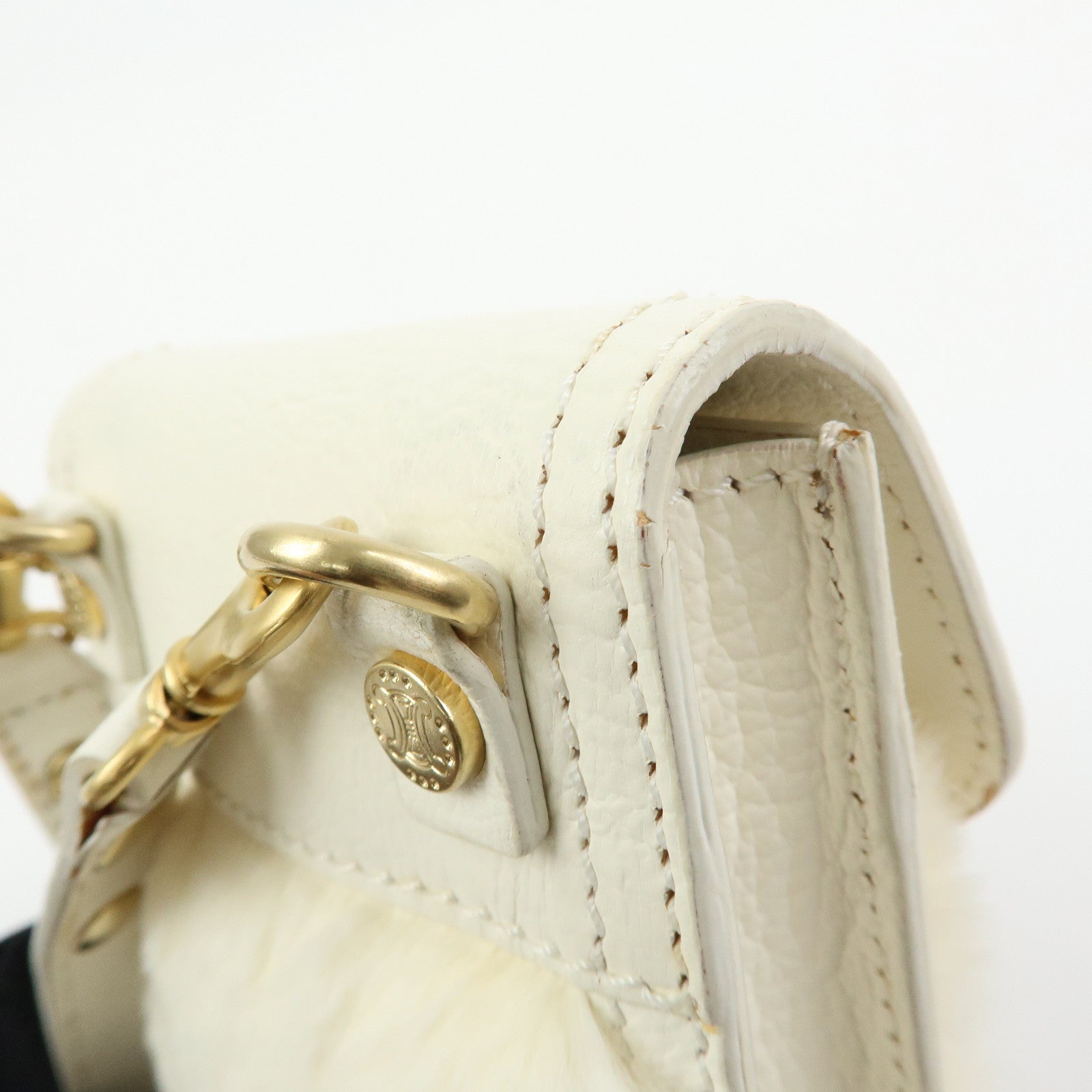 CELINE Triomphe Leather Lapin Fur Shoulder Bag Crossbody Bag Ivory