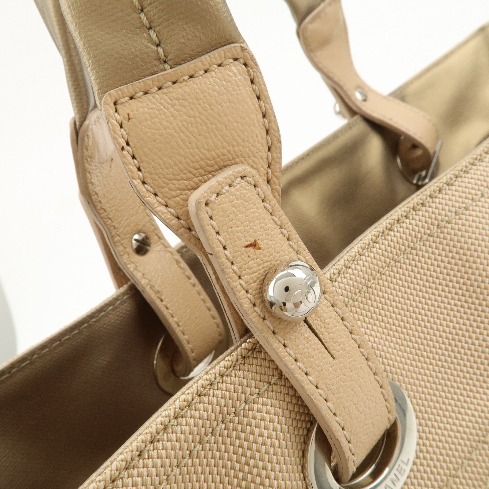 CHANEL Paris Biarritz MM PVC Canvas Tote Bag Hand Bag Beige A34209