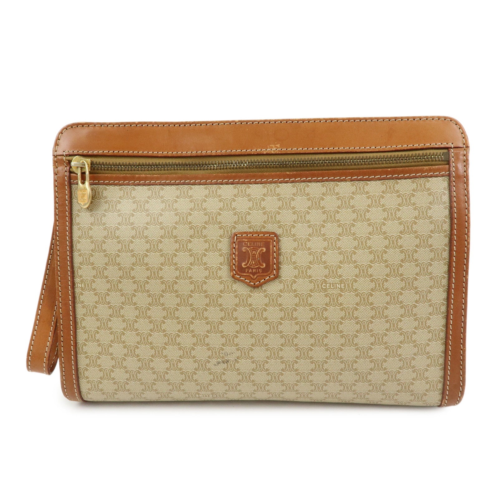CELINE Macadam PVC Leather Clutch Bag Pouch Beige Brown
