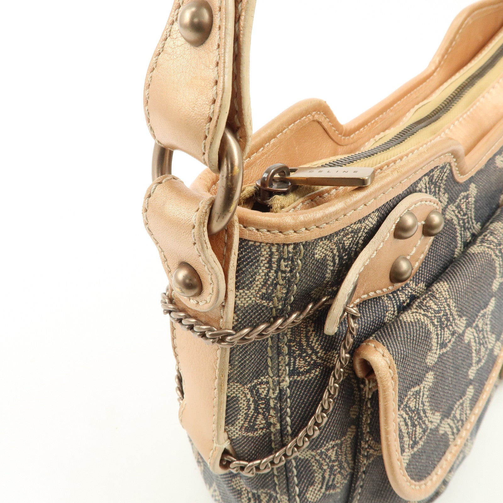 CELINE Macadam Leather Denim Shoulder Bag Hand Bag Beige Navy Used