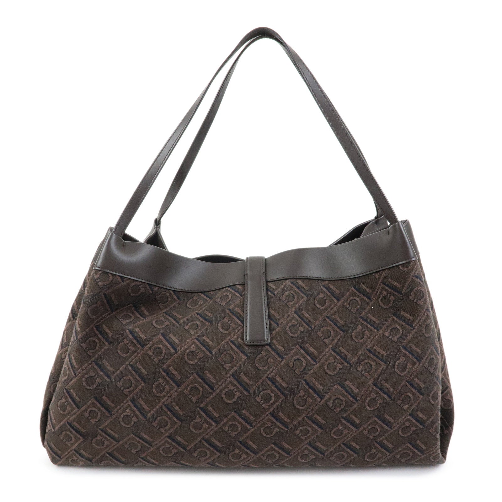 Ferragamo Gancini Canvas Leather Shoulder Bag Hand Bag Dark Brown
