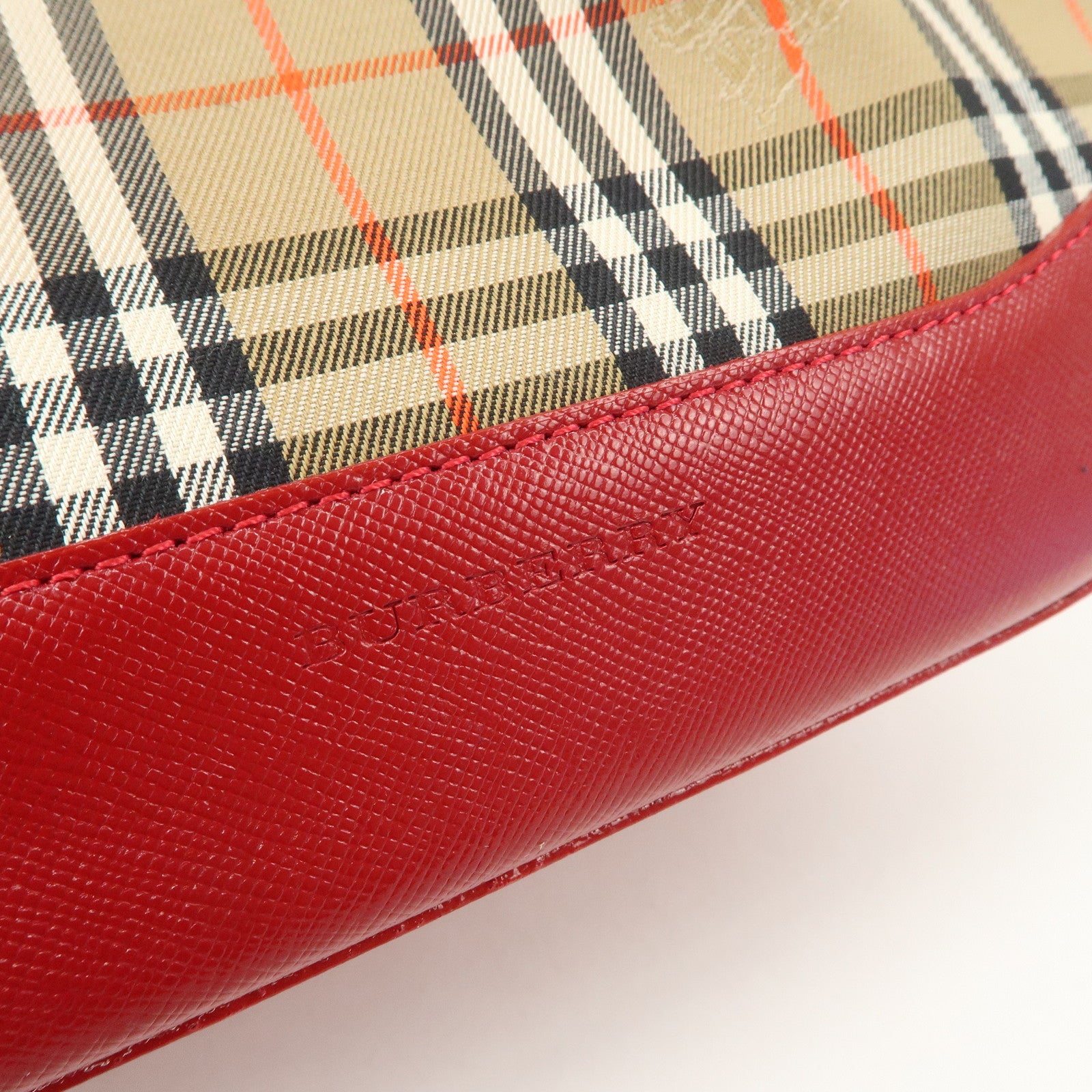 BURBERRY Canvas Leather Nova Plaid Shoulder Bag Hand Bag Beige Red