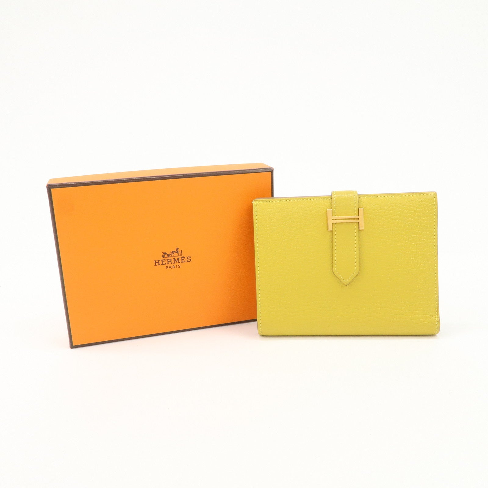 HERMES Leather Bearn Mini Compact Wallet D Stamped Yellow