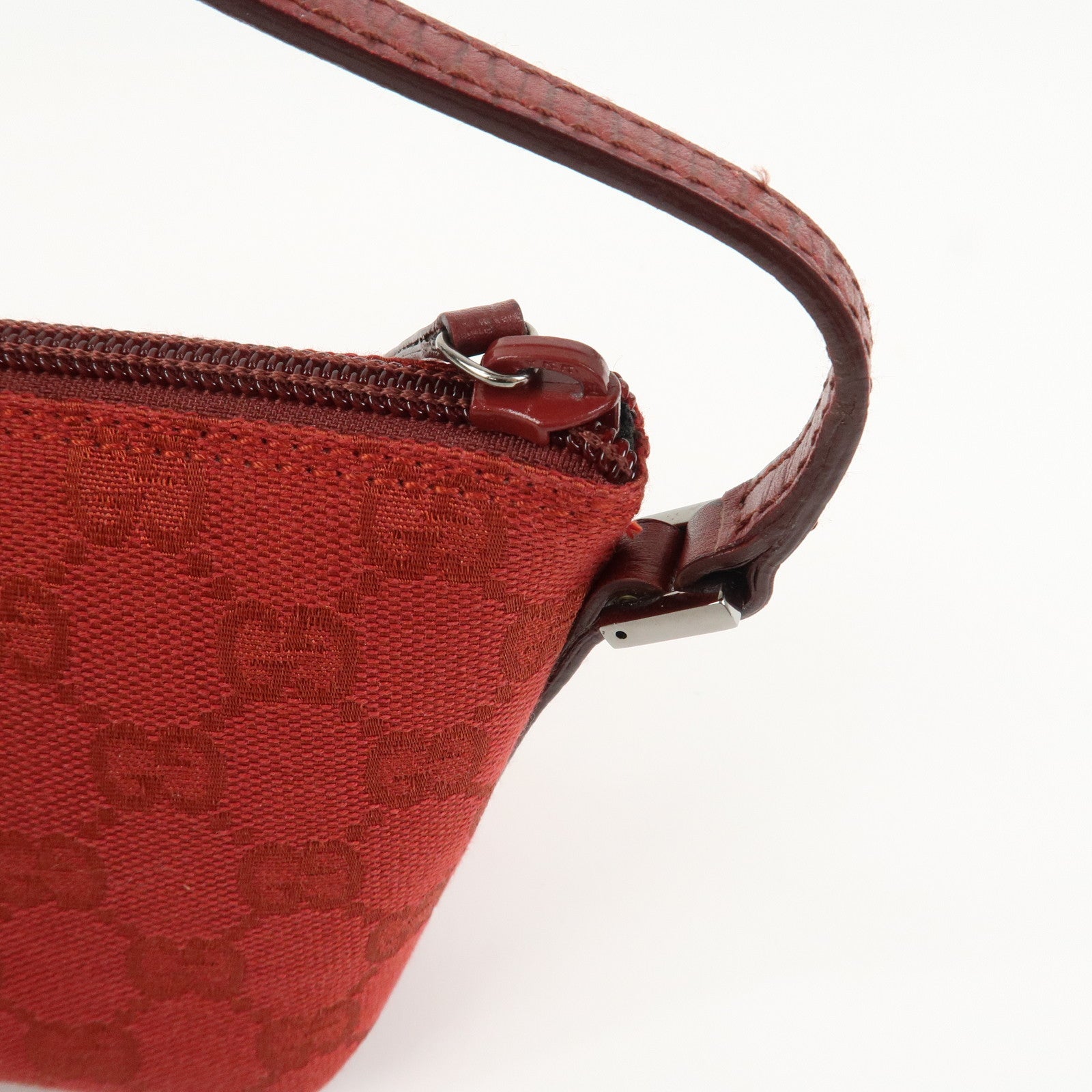 GUCCI Boat Bag GG Canvas Leather Hand Bag Pouch Red 07198